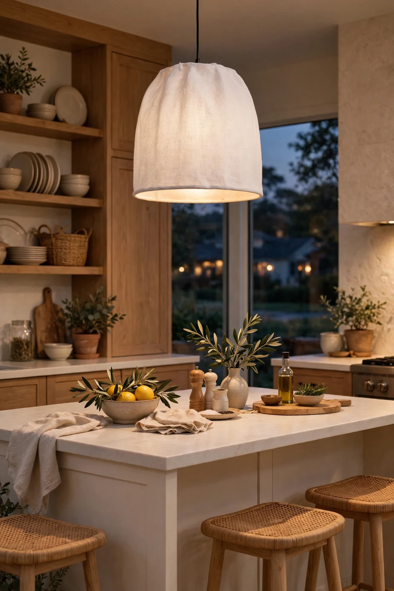 Soft white pendant light hanging low over a kitchen island