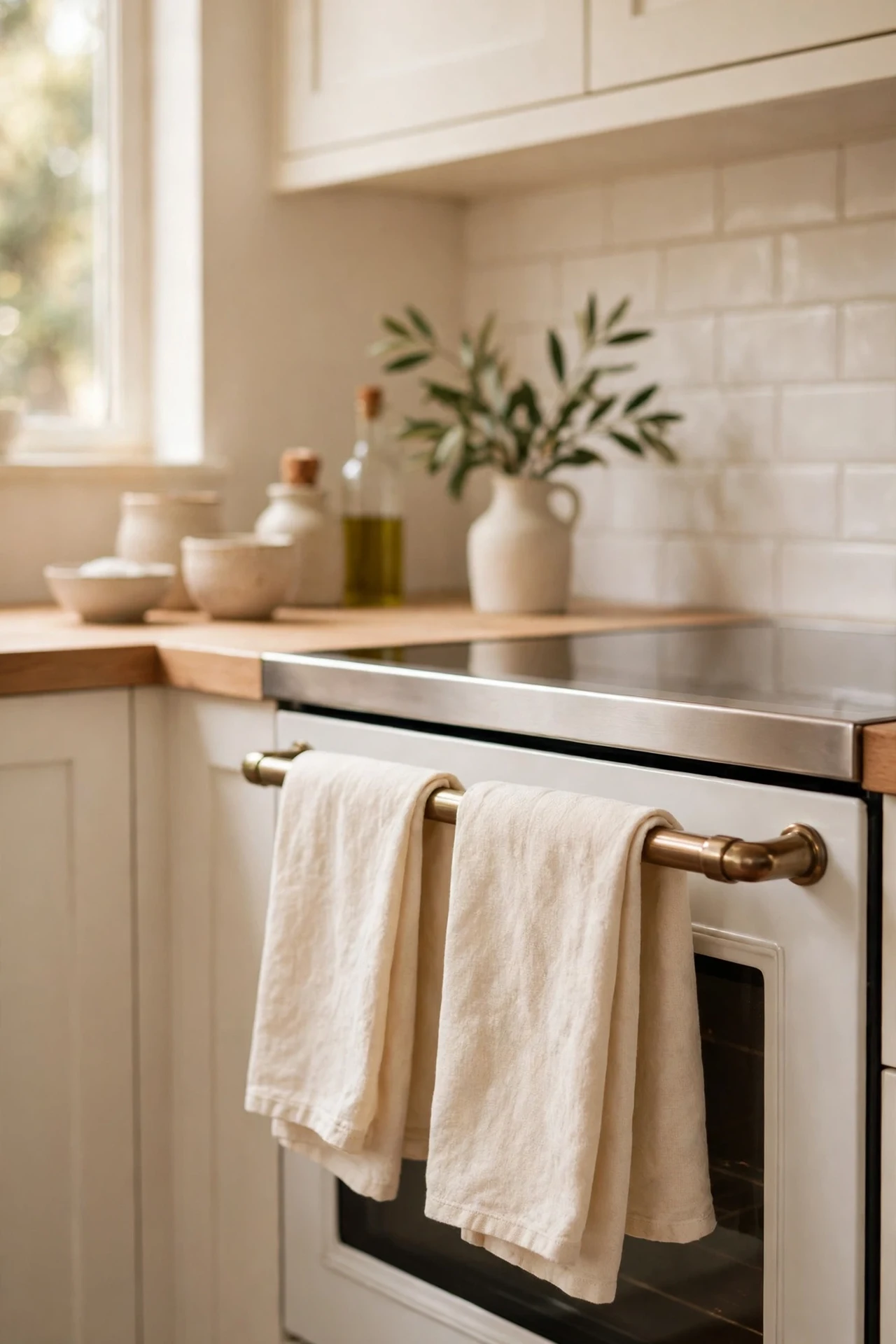 Cream dish towels folded neatly over a kitchen oven handle