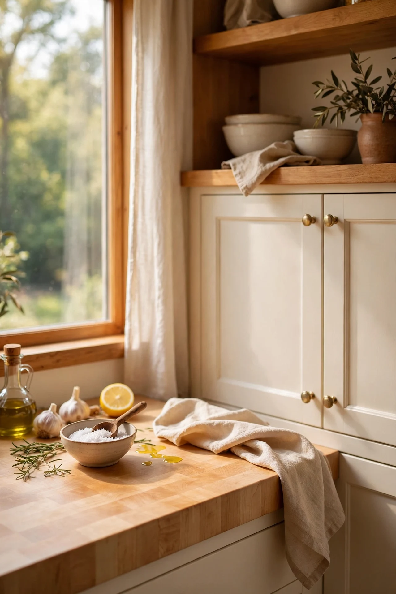 Oiled butcher block countertop glowing beside warm white cabinets