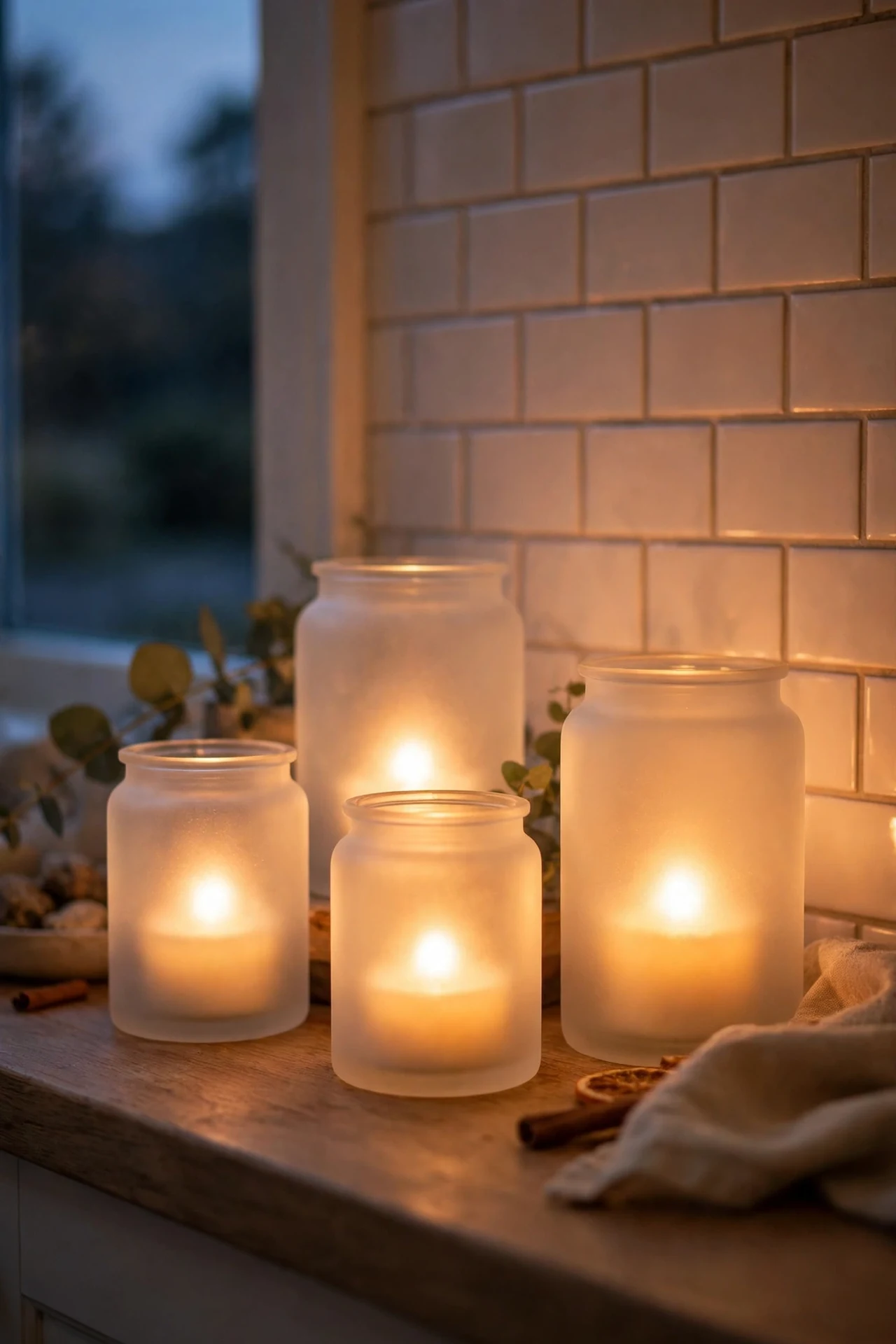 Battery tea lights glowing in frosted glass jars on a kitchen counter