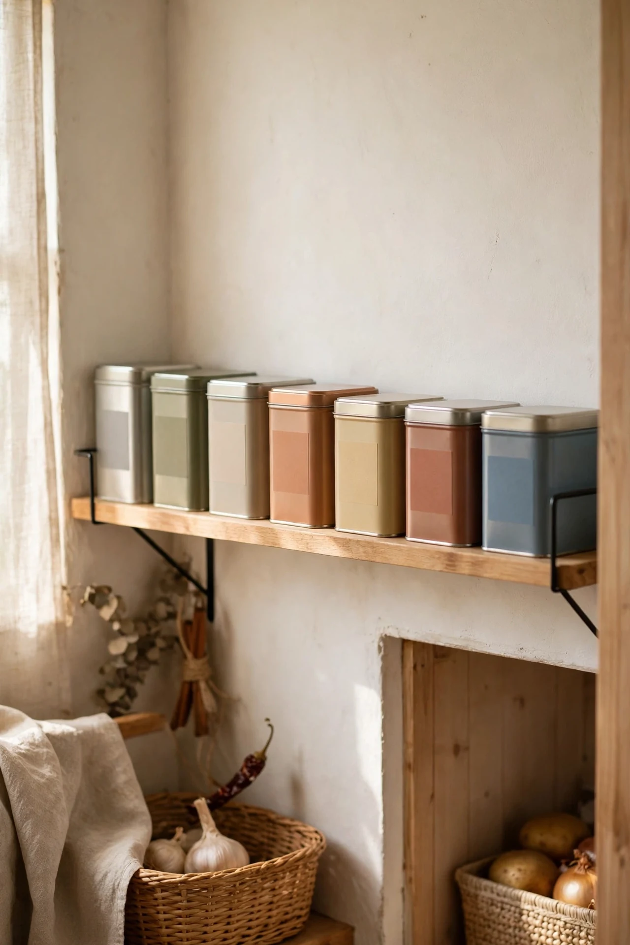Slim wall shelves holding tins labels-out in tiny pantry