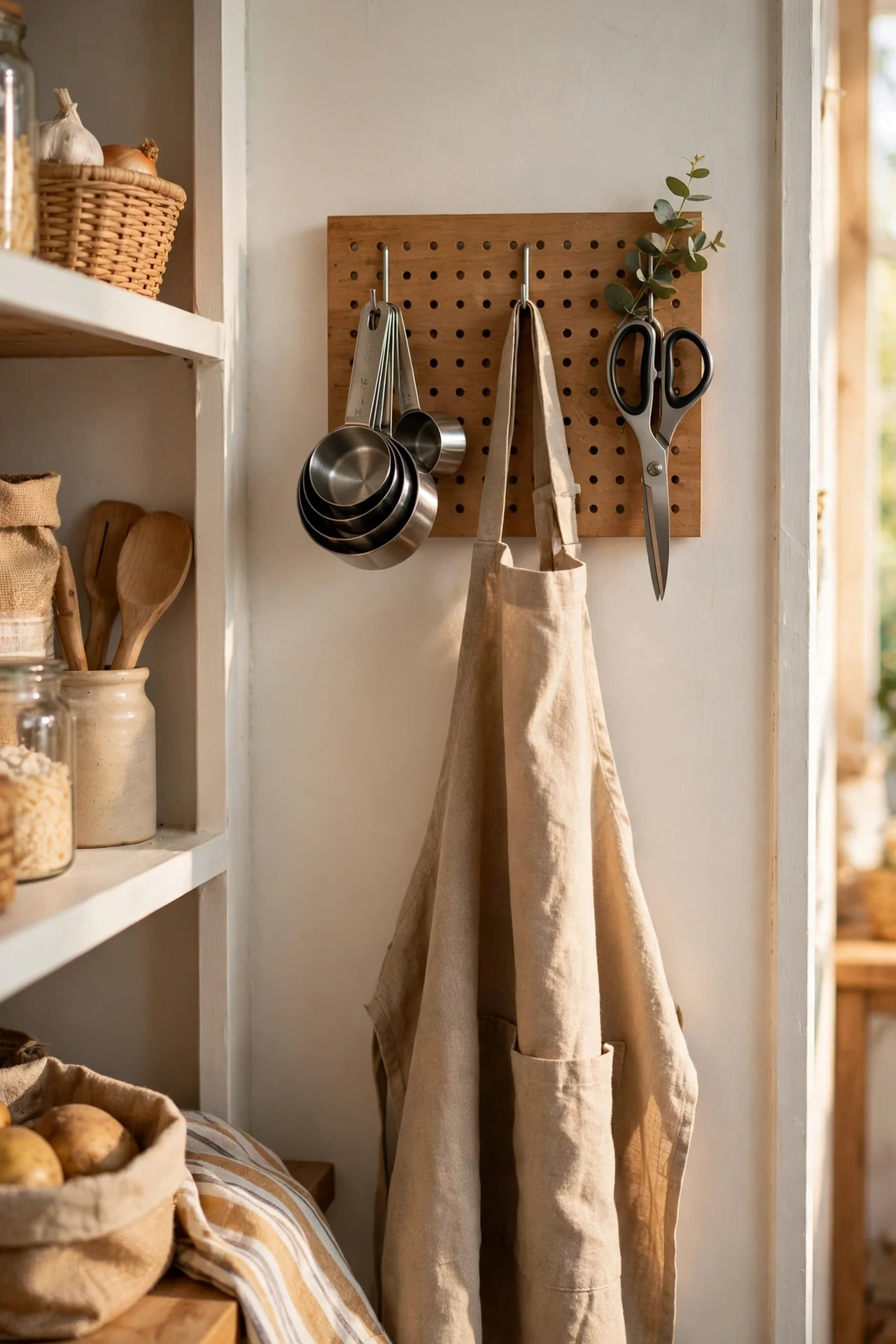 Pegboard on pantry wall holding measuring cups and utensils