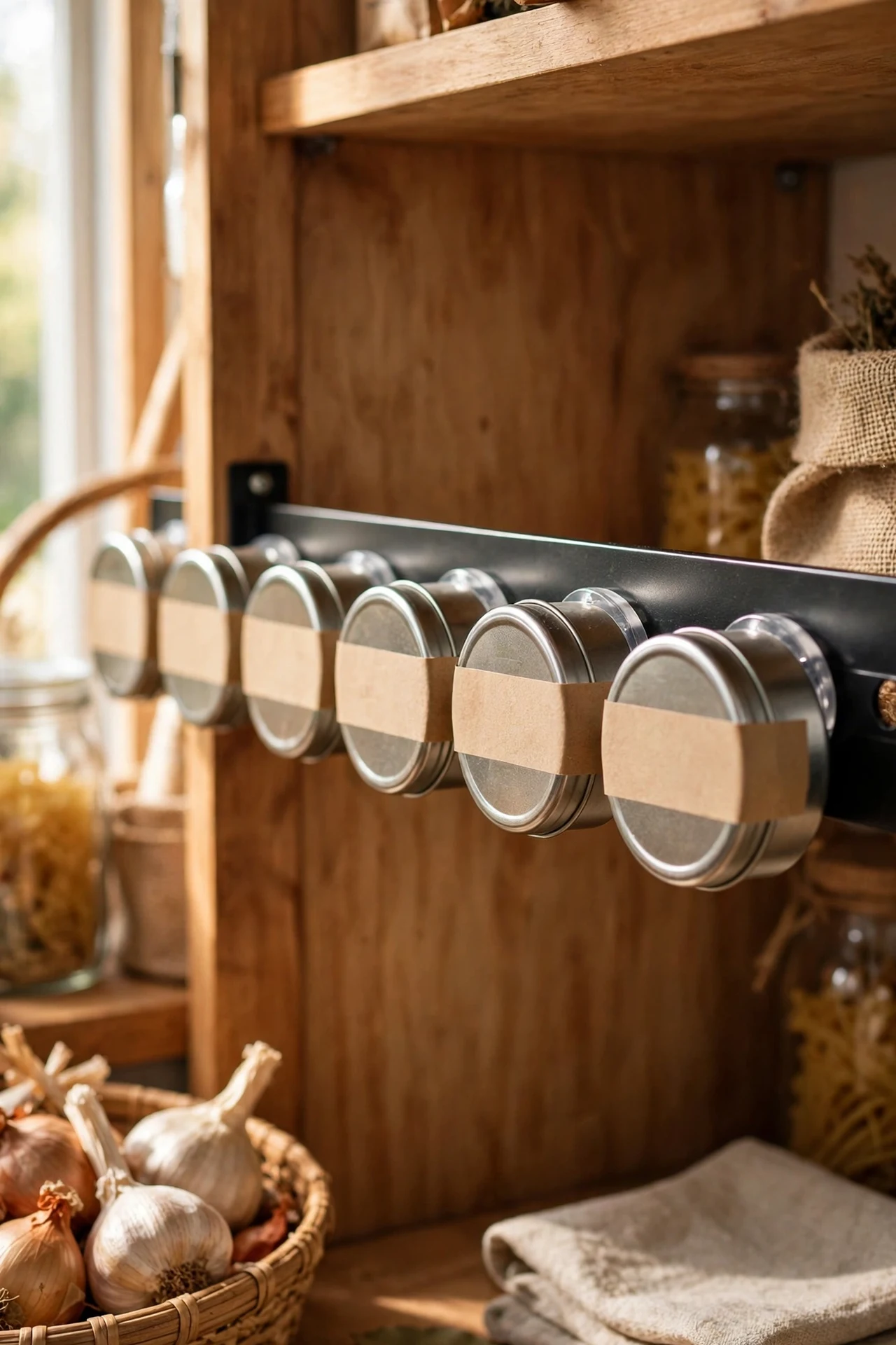 Magnetic spice tins on metal strip inside pantry wall