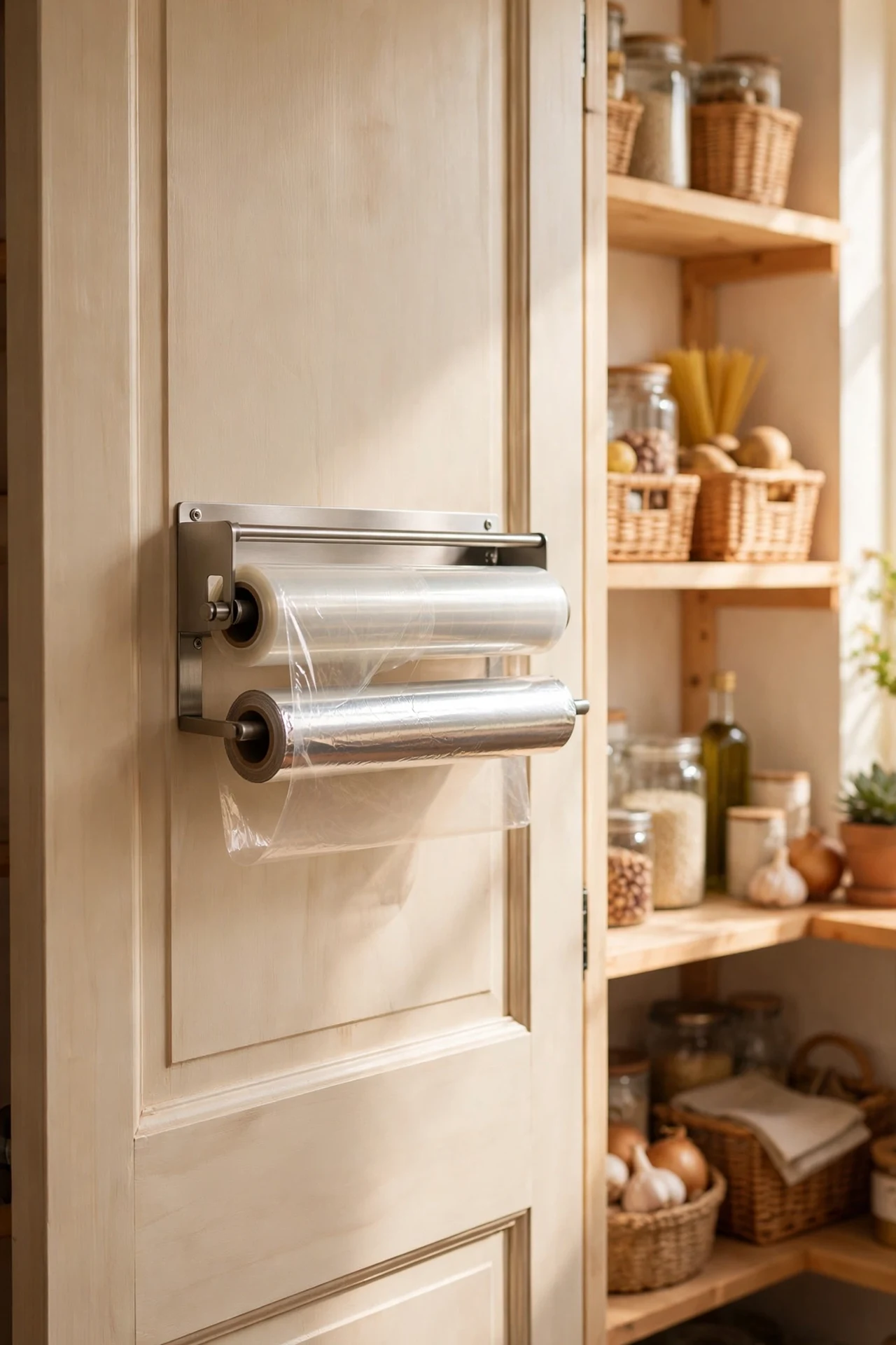 Door-mounted dispenser holding cling film and foil rolls
