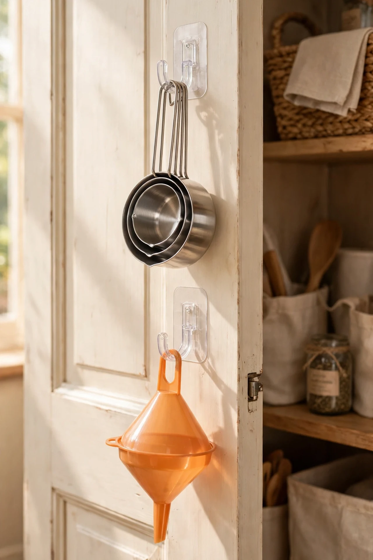 Adhesive hooks holding measuring cups on pantry door
