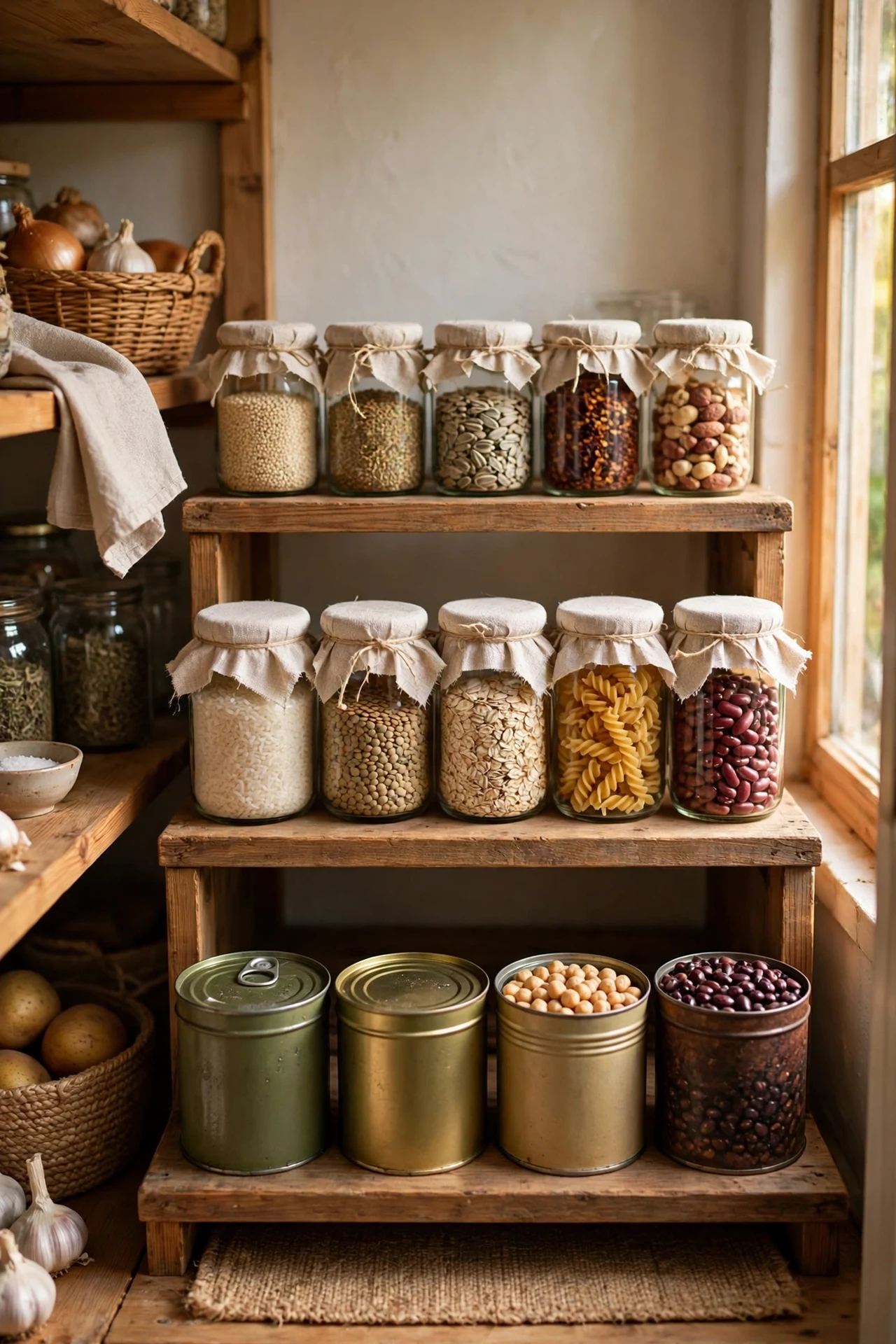 Tiered shelf riser showing all tins in small pantry
