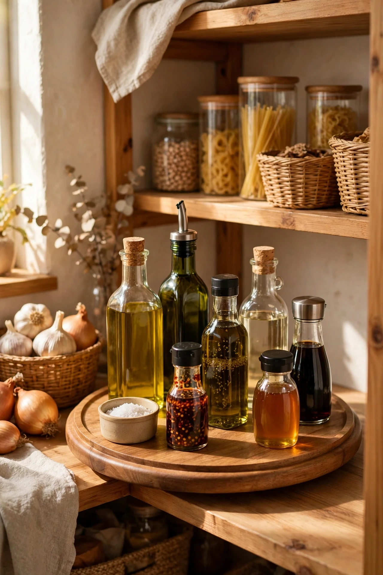 Turntable holding oils and condiments in pantry corner