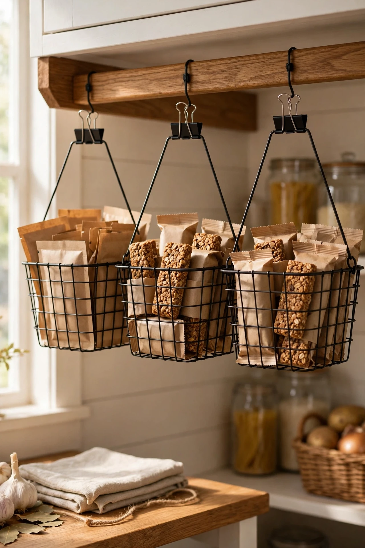Wire baskets clipped under pantry shelf holding packets