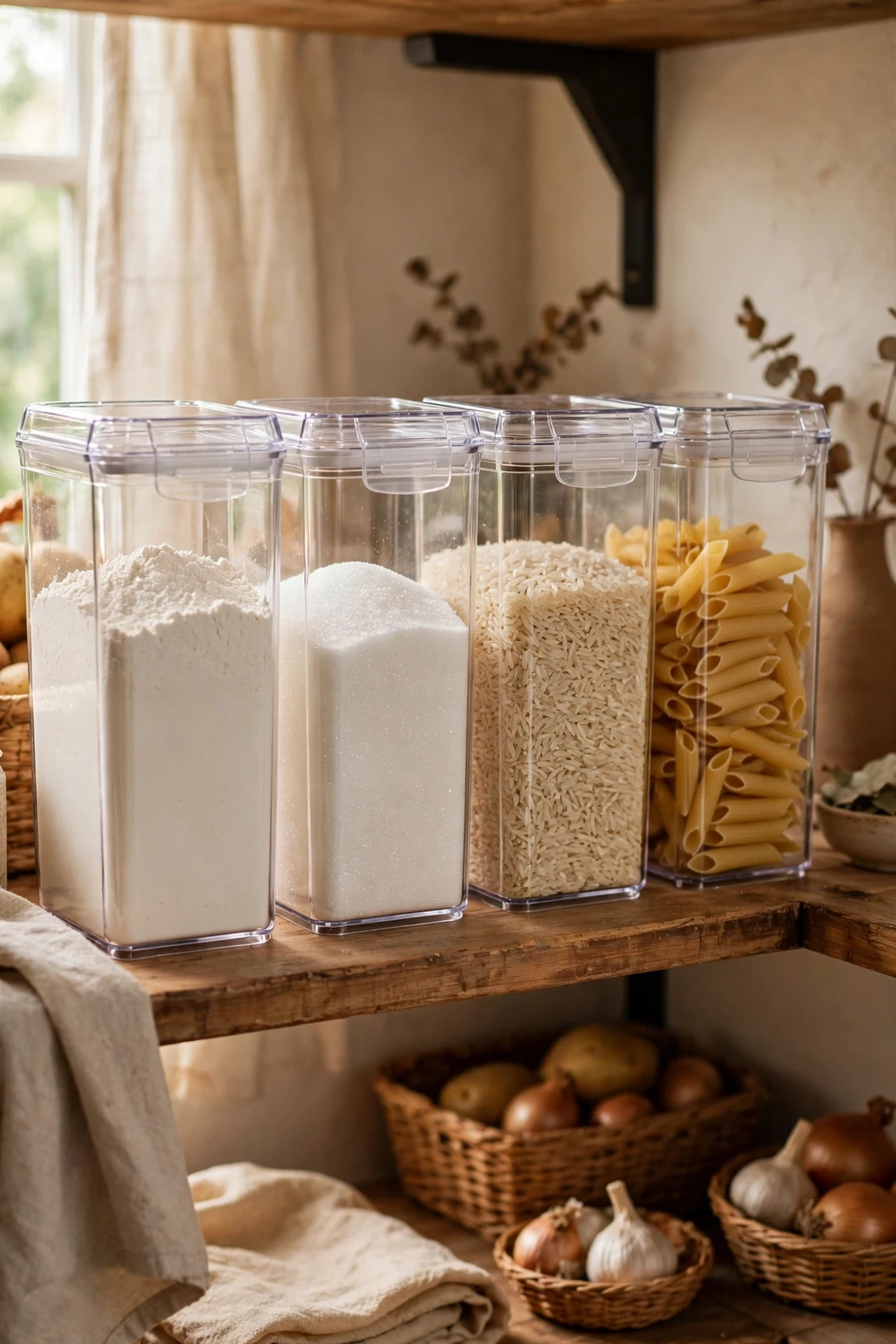 Clear square canisters of flour and pasta on pantry shelf