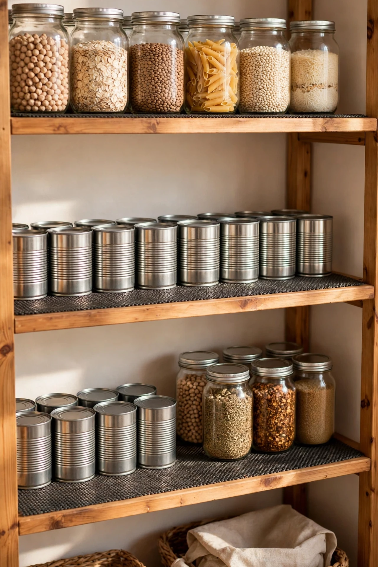 Grippy mesh shelf liner under jars in pantry
