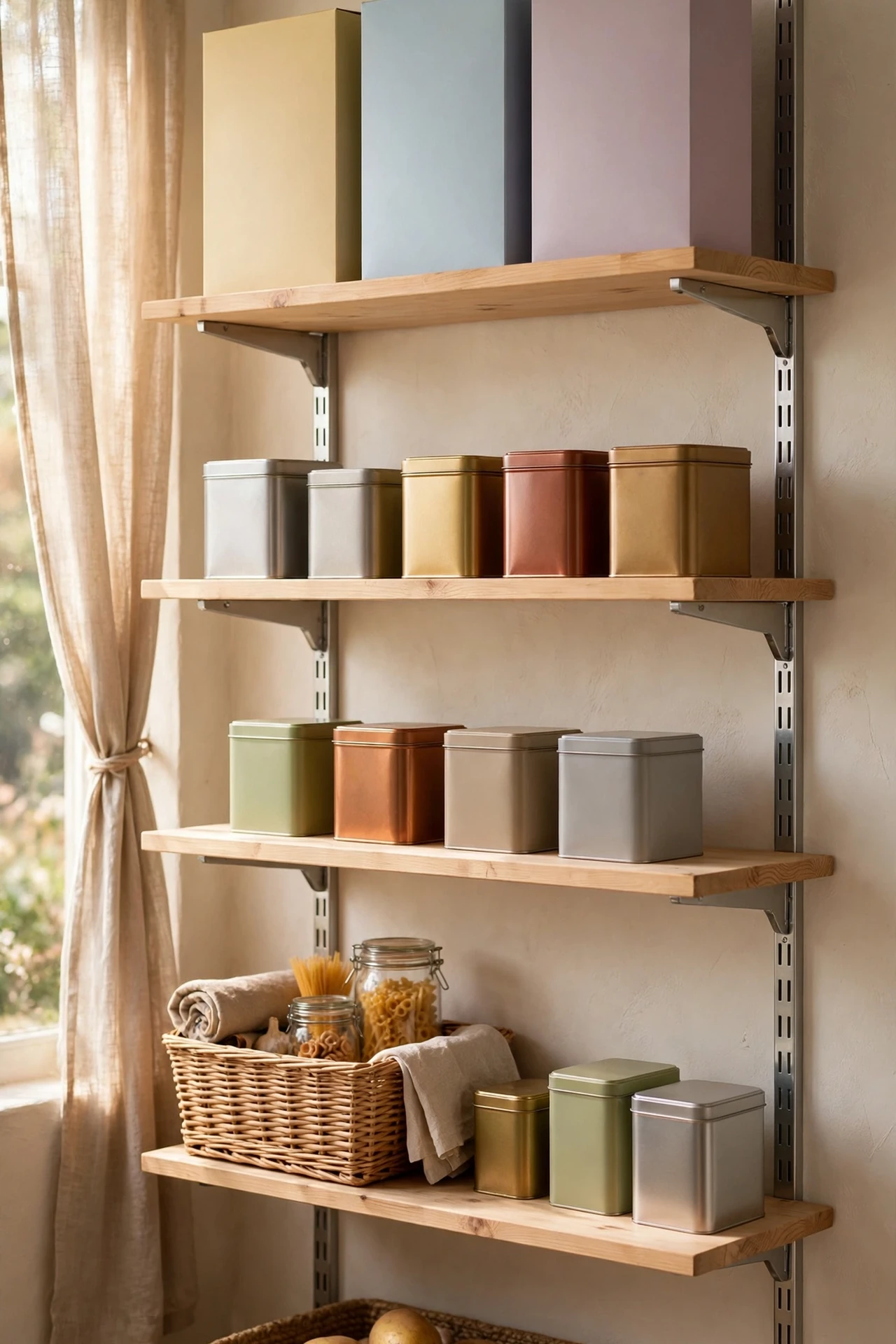Adjustable pantry shelves spaced to fit stored items