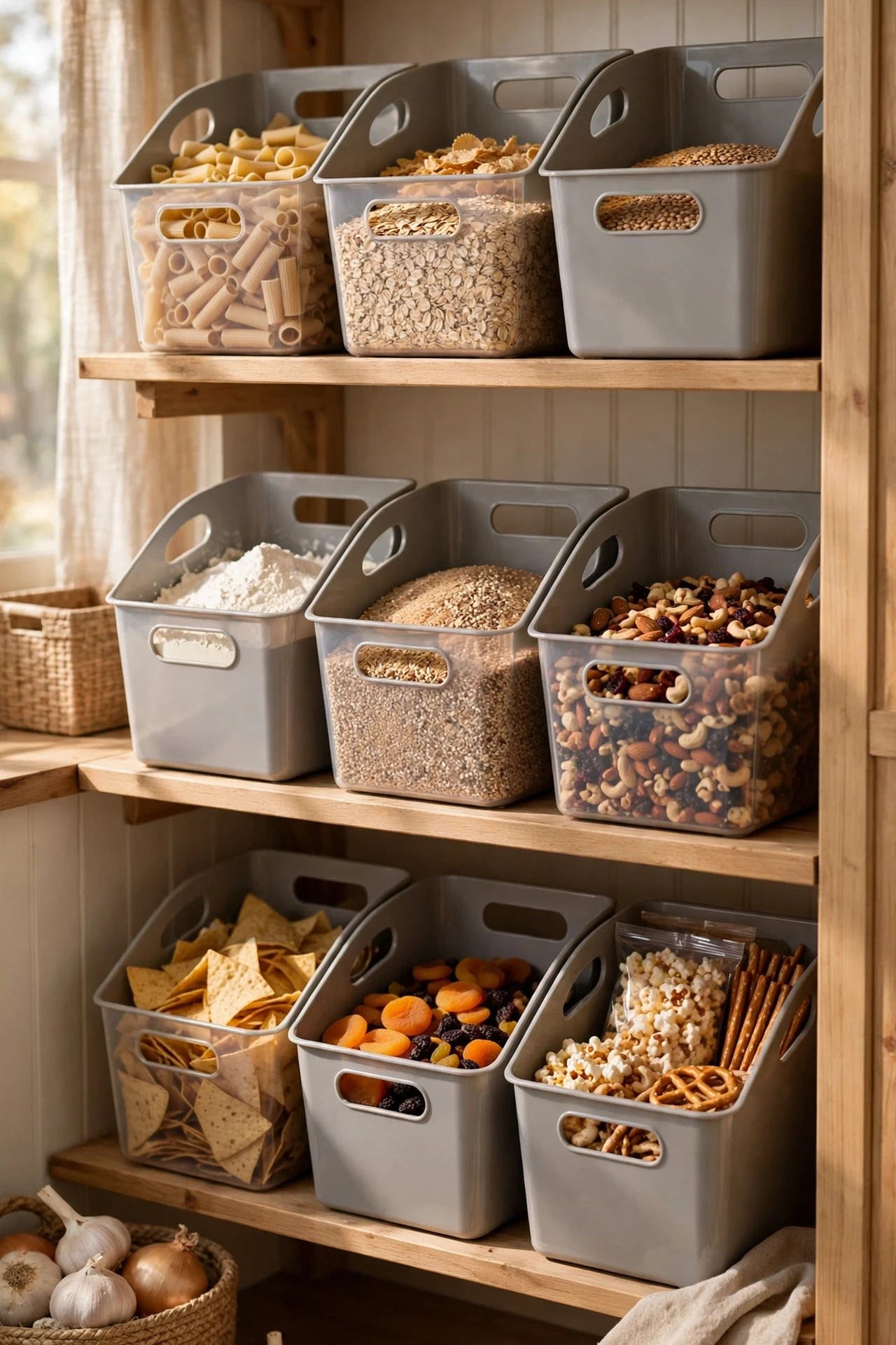 Open bins labelled for baking and snacks in pantry