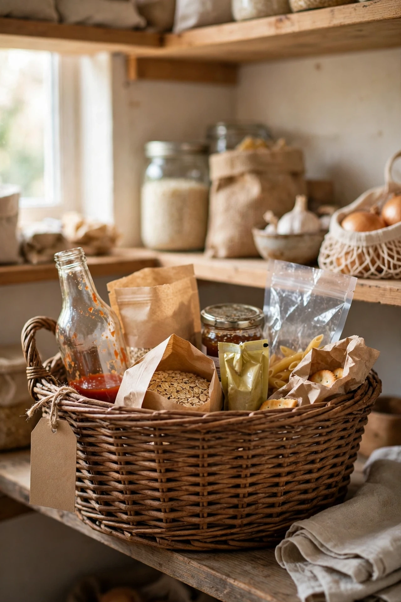 Basket of half-used items at eye level in pantry