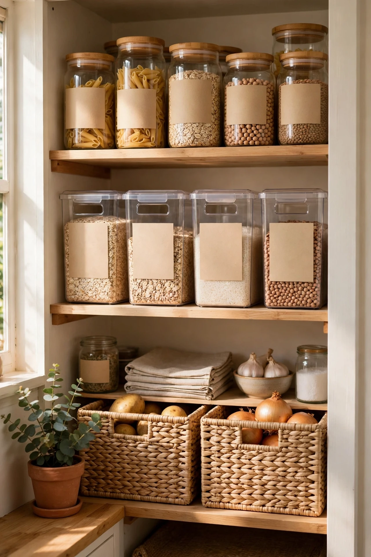 Matching labels on every pantry bin and jar