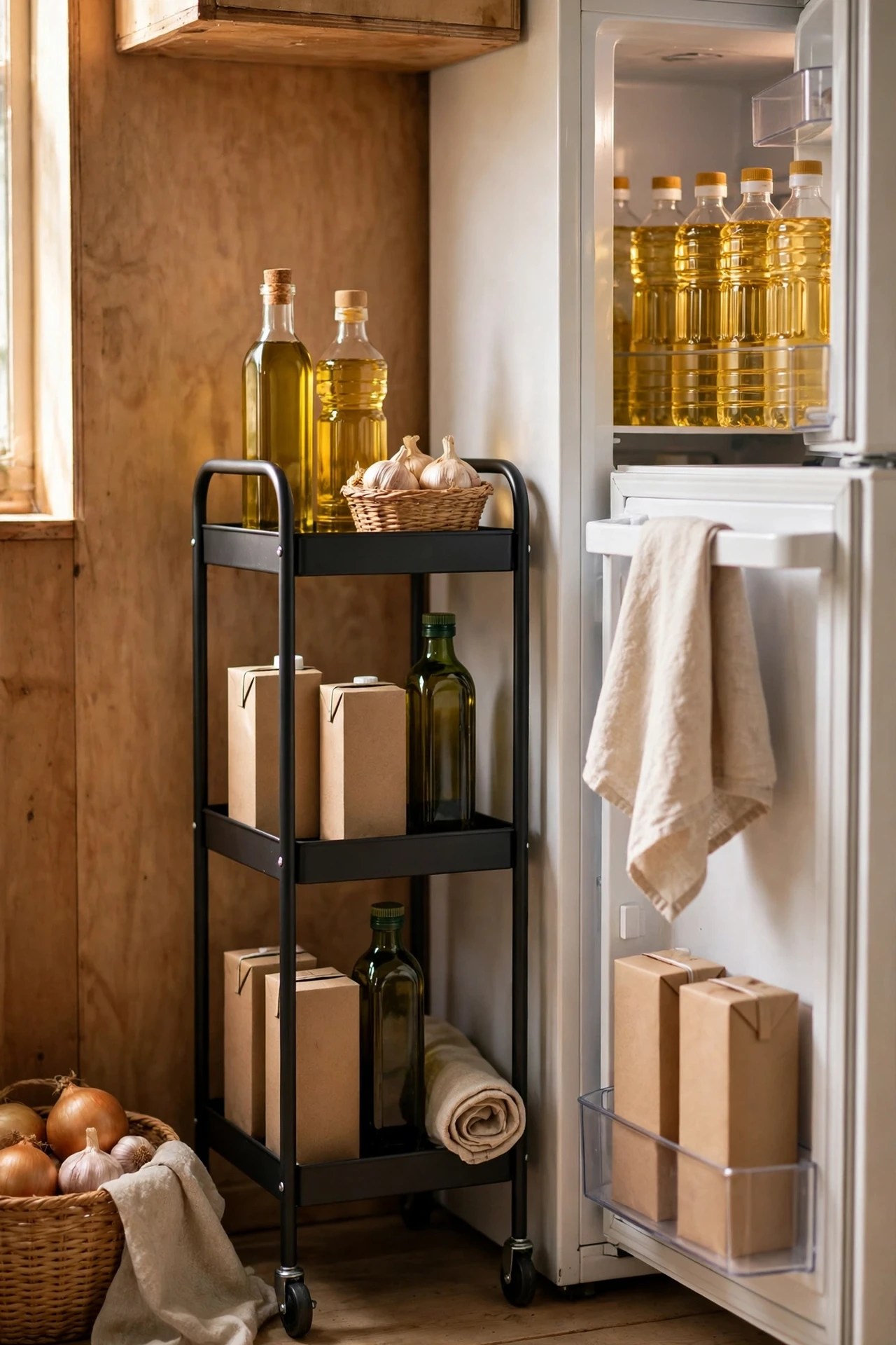 Slim rolling trolley beside fridge holding bottles
