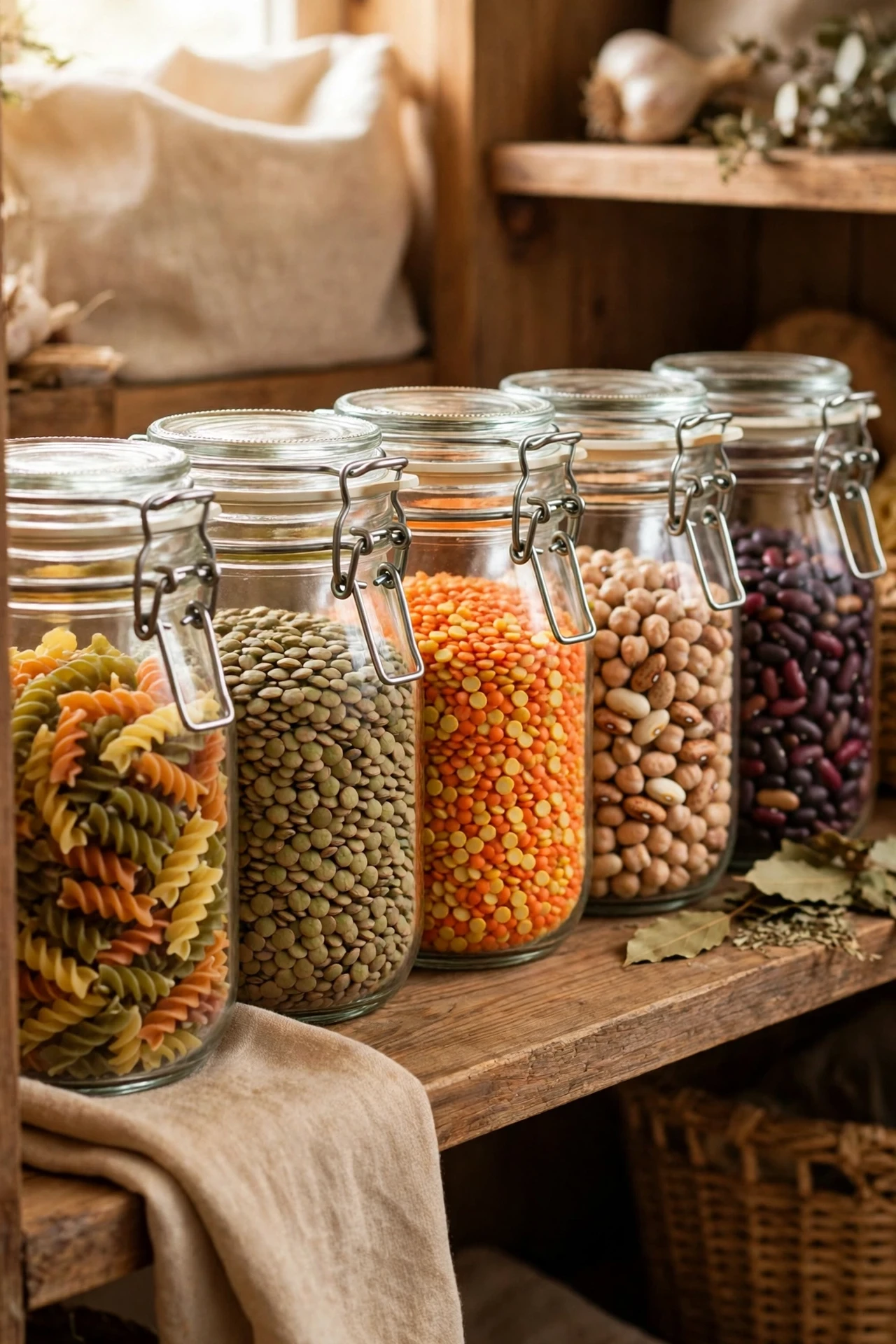 Glass jars of colourful lentils and pasta on shelf