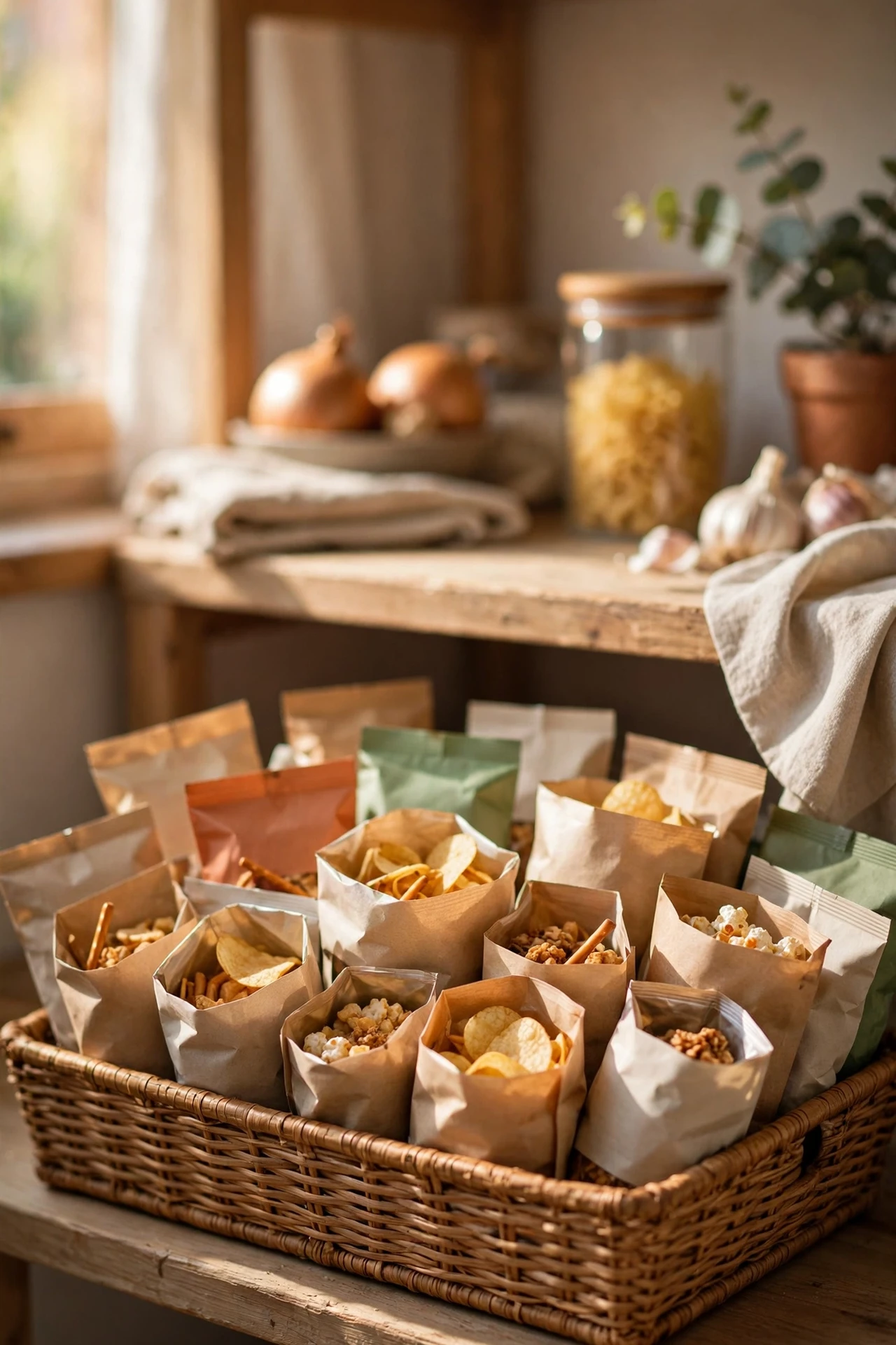 Low open bin of snacks at front of pantry shelf