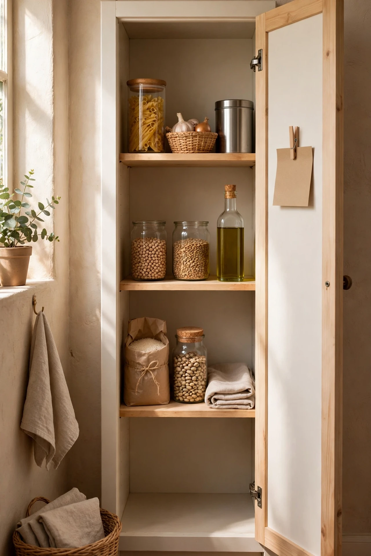 Tidy small pantry showing limited intentional stock