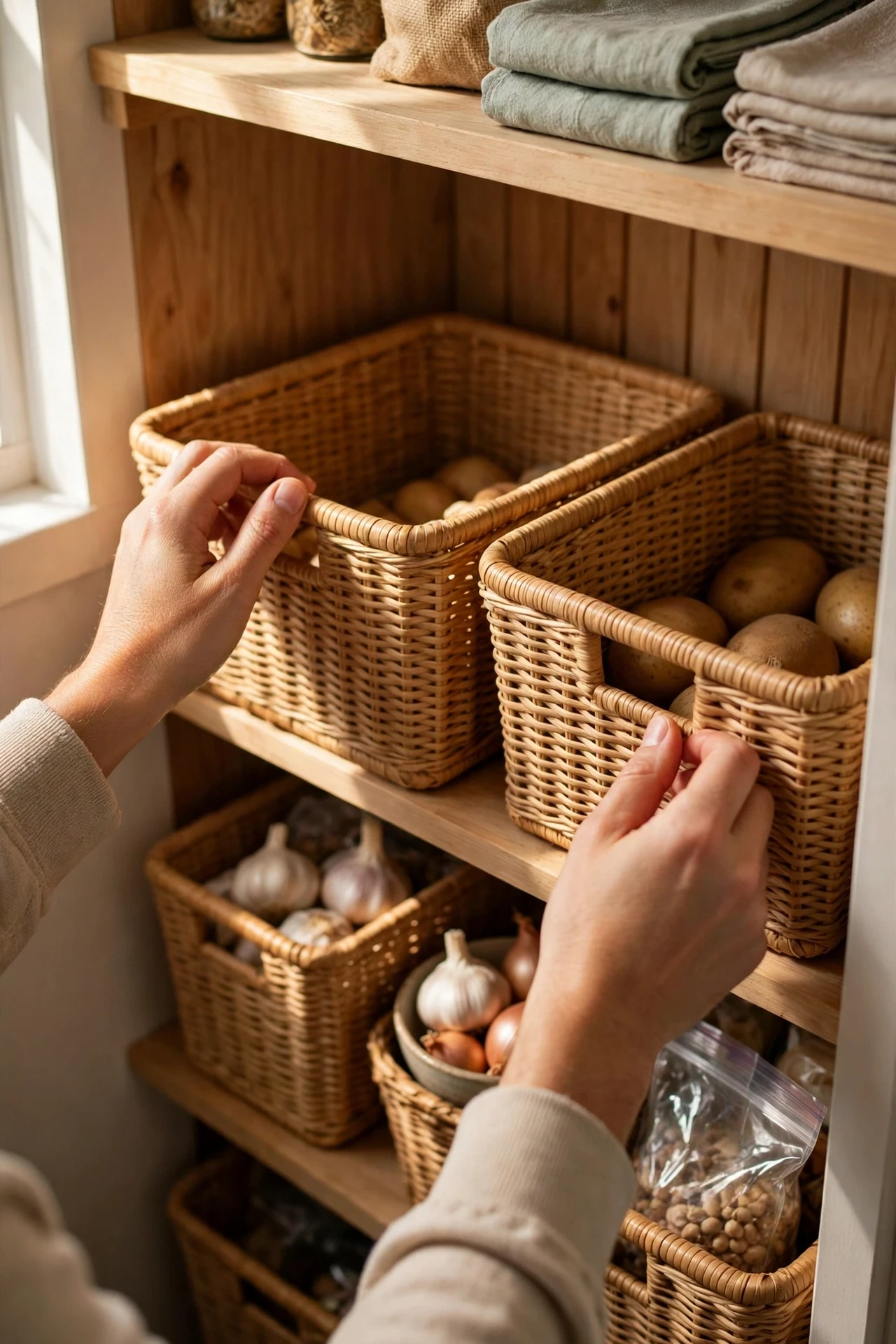 Hands straightening pantry bins during weekly reset