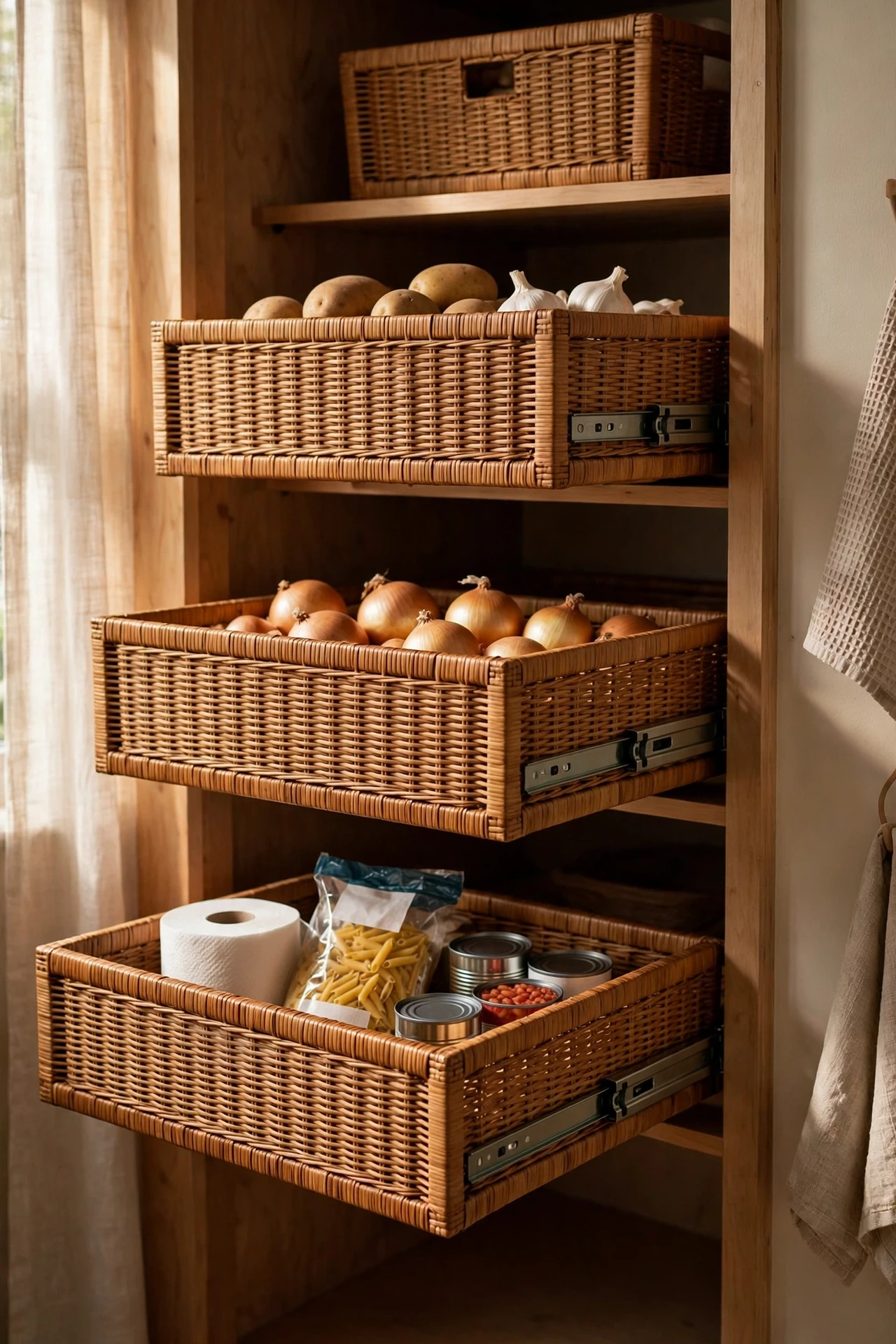 Cheap baskets sliding out like drawers on deep shelves