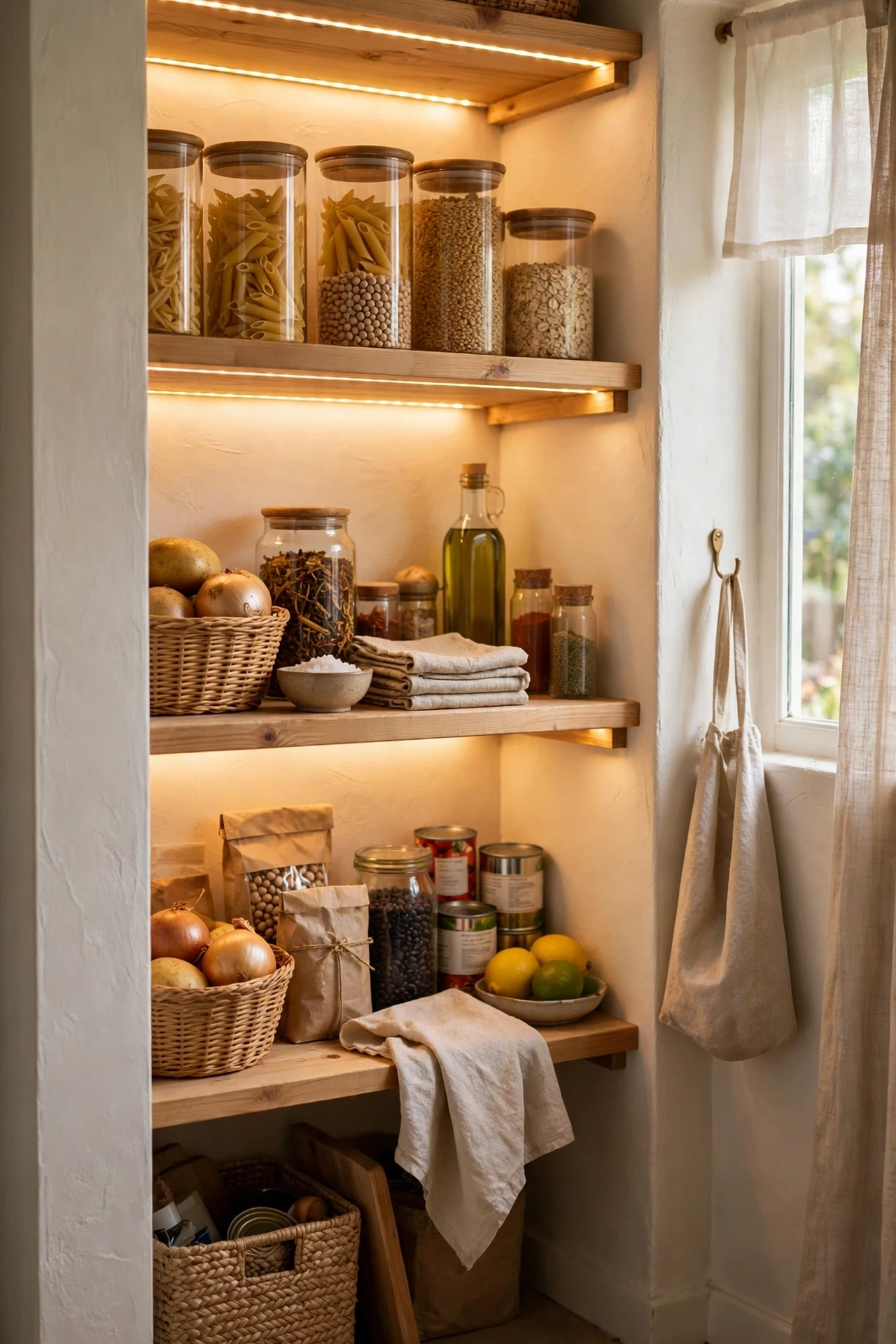 LED strip lighting up small pantry shelves