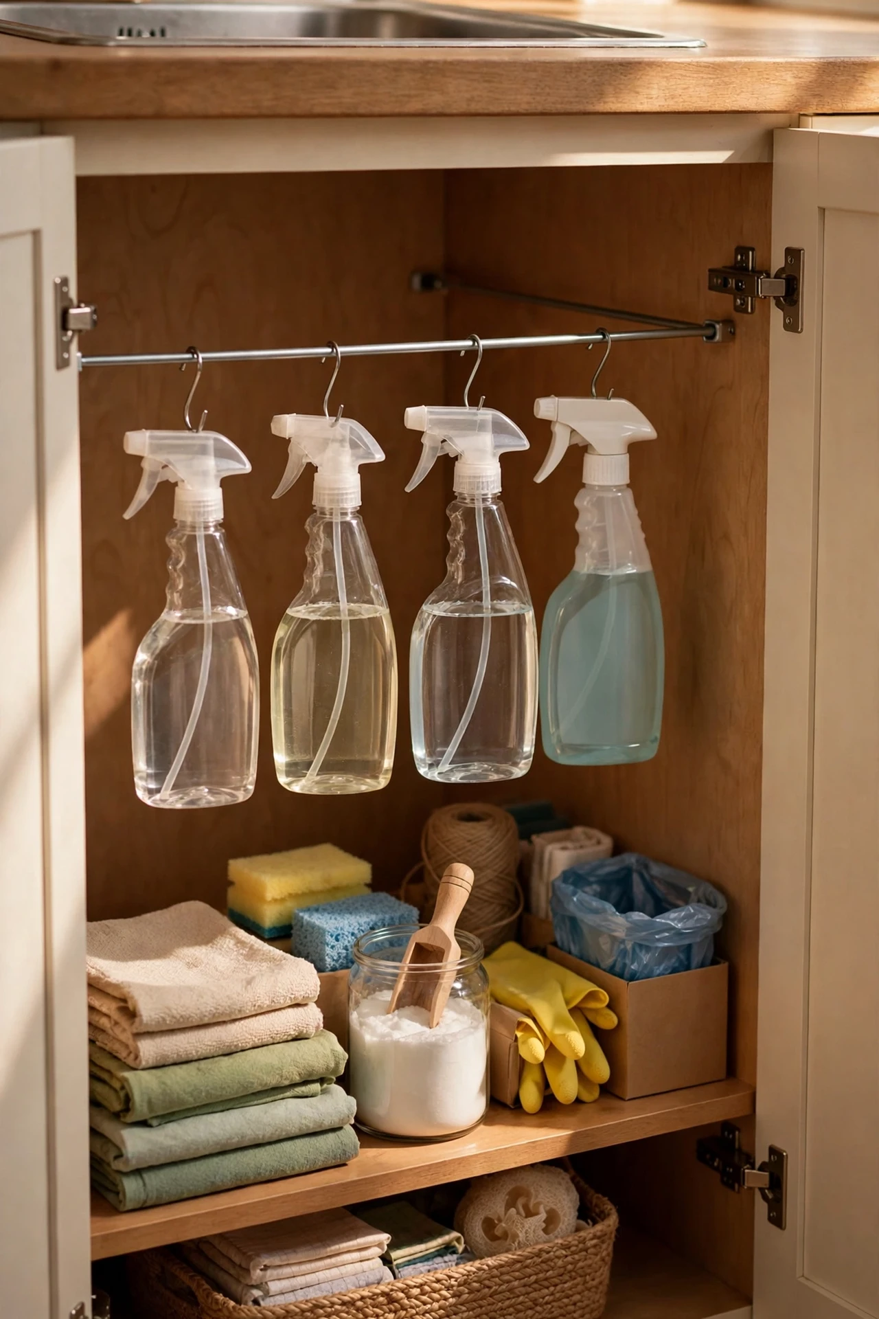 Tension rod under kitchen sink holding spray bottles by triggers