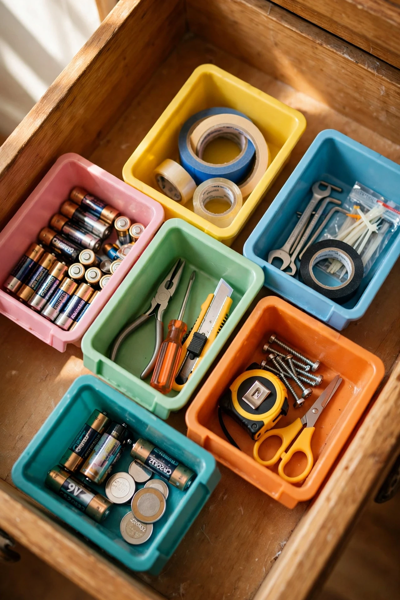 Open kitchen junk drawer divided into mini plastic bins