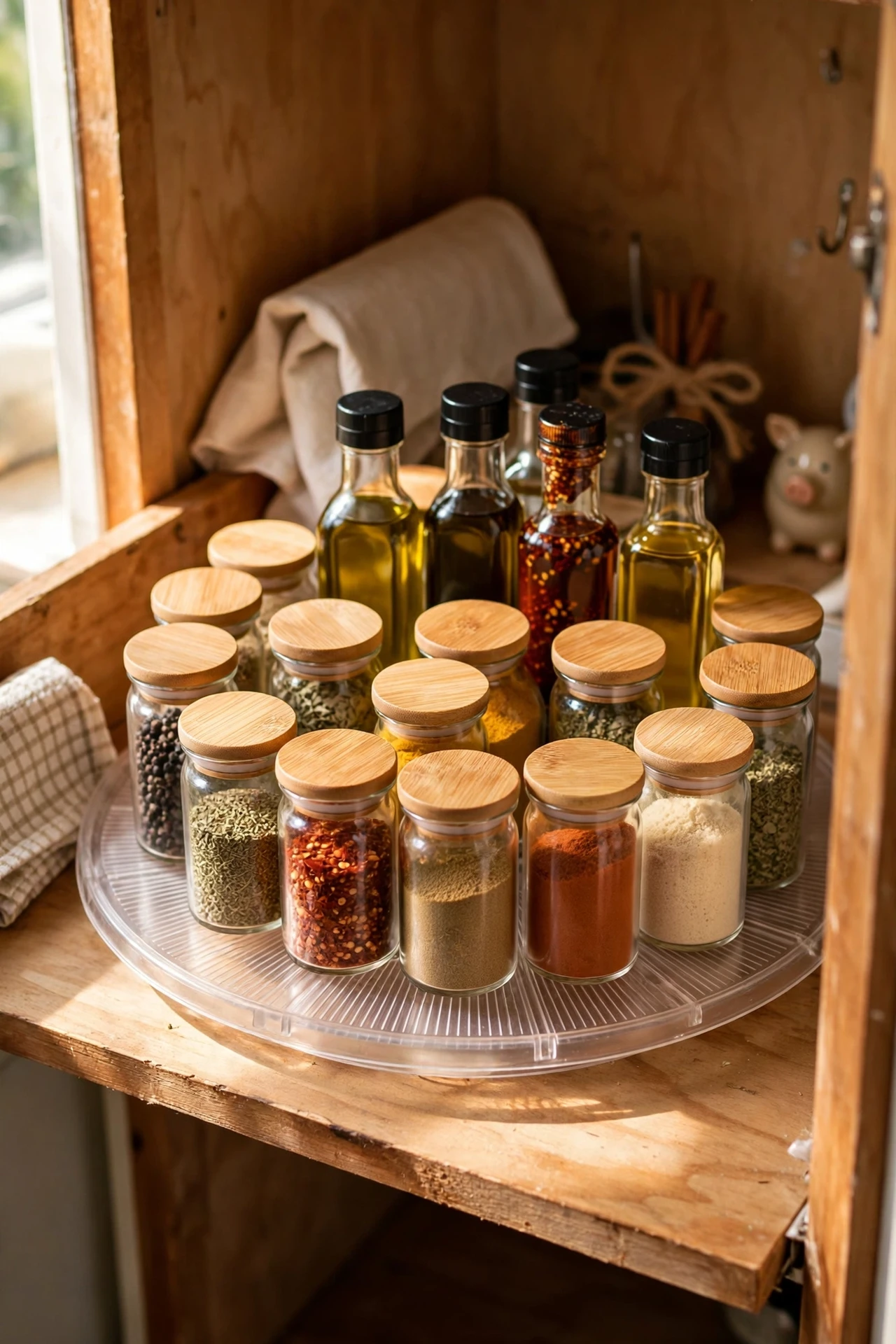 Spice jars arranged on a turntable inside a kitchen cupboard