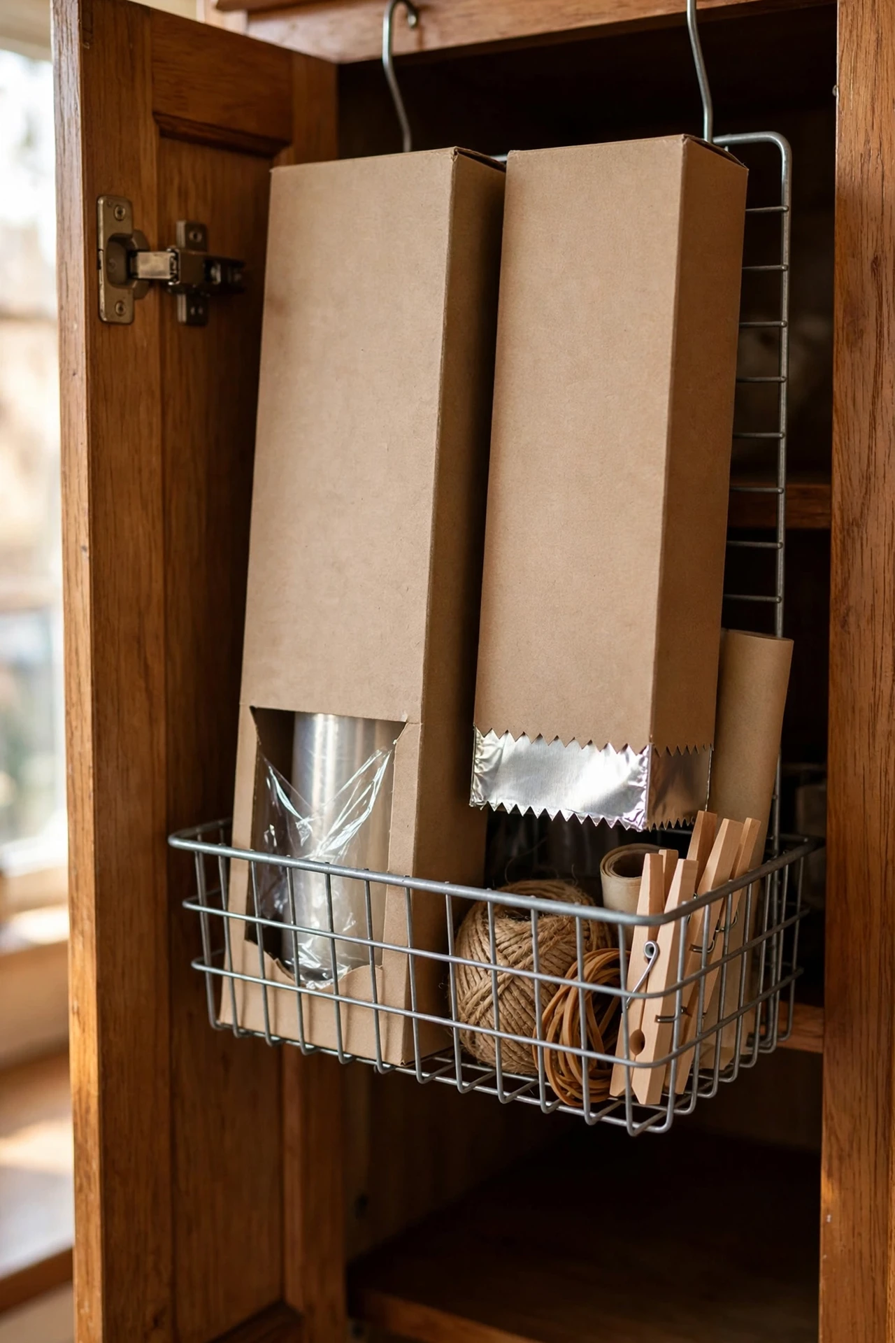 Wire basket hooked over cupboard door holding foil boxes