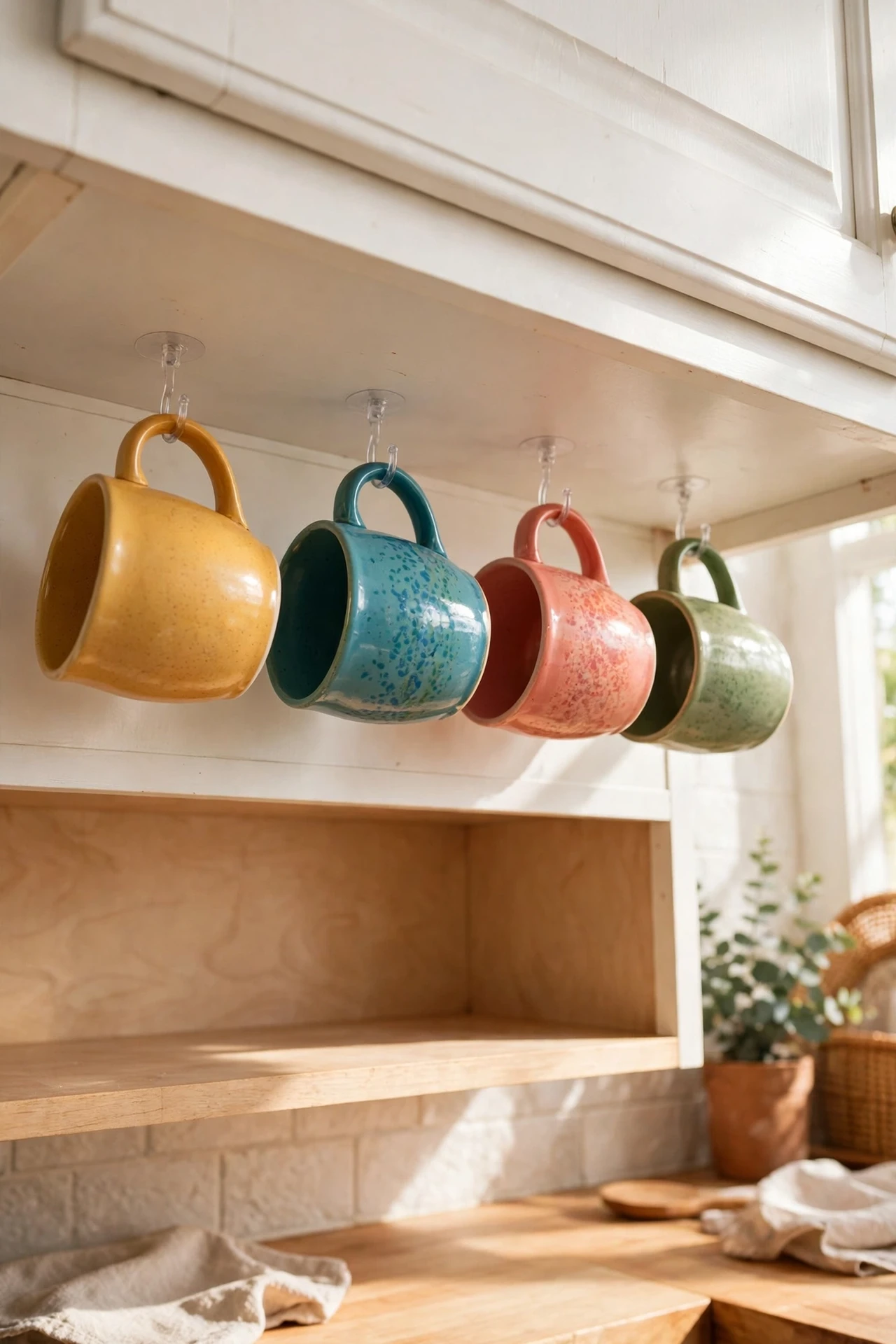 Mugs hanging from adhesive hooks under a kitchen cabinet