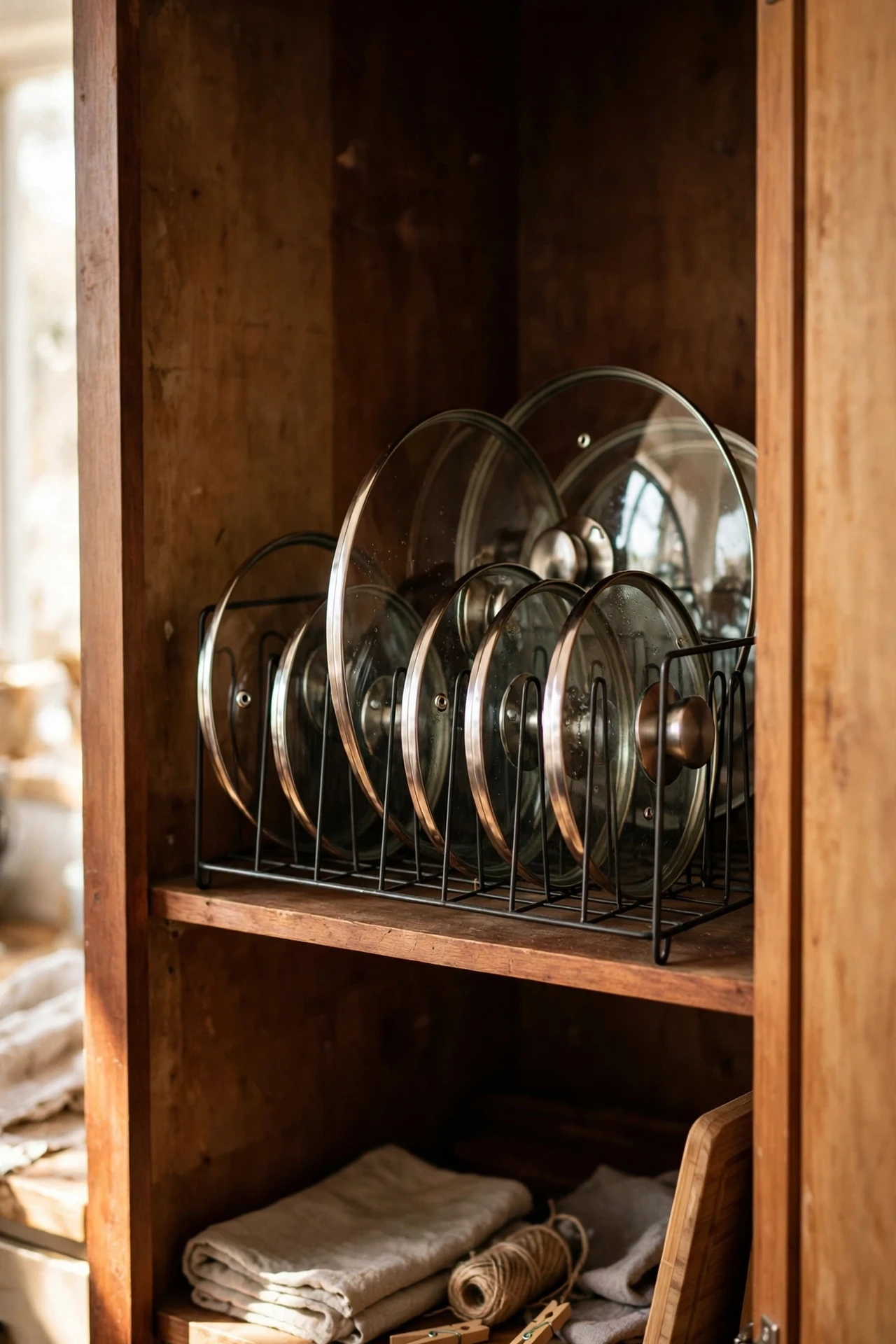 Pan lids stored upright in a metal file sorter