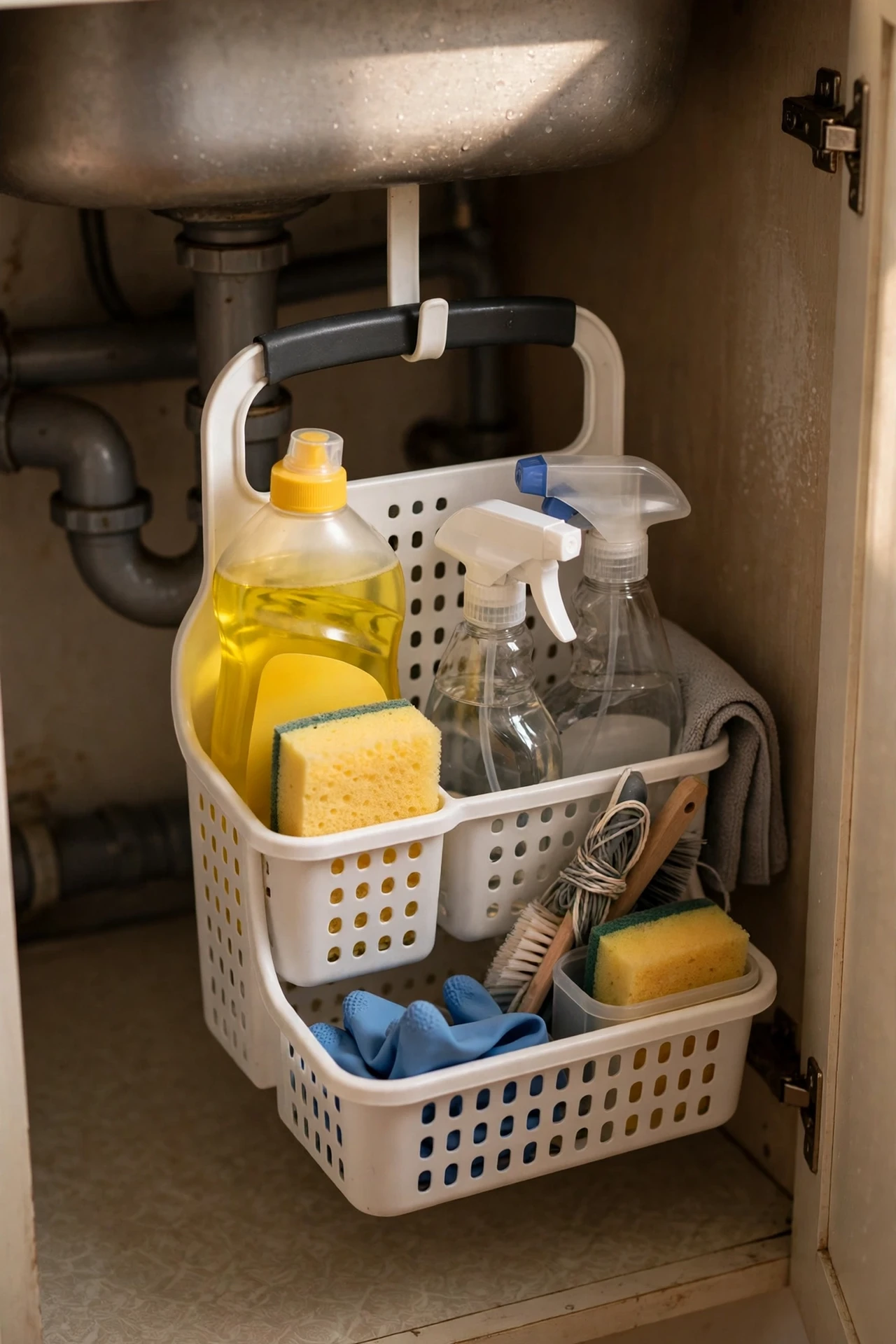 Shower caddy holding cleaning supplies under the sink