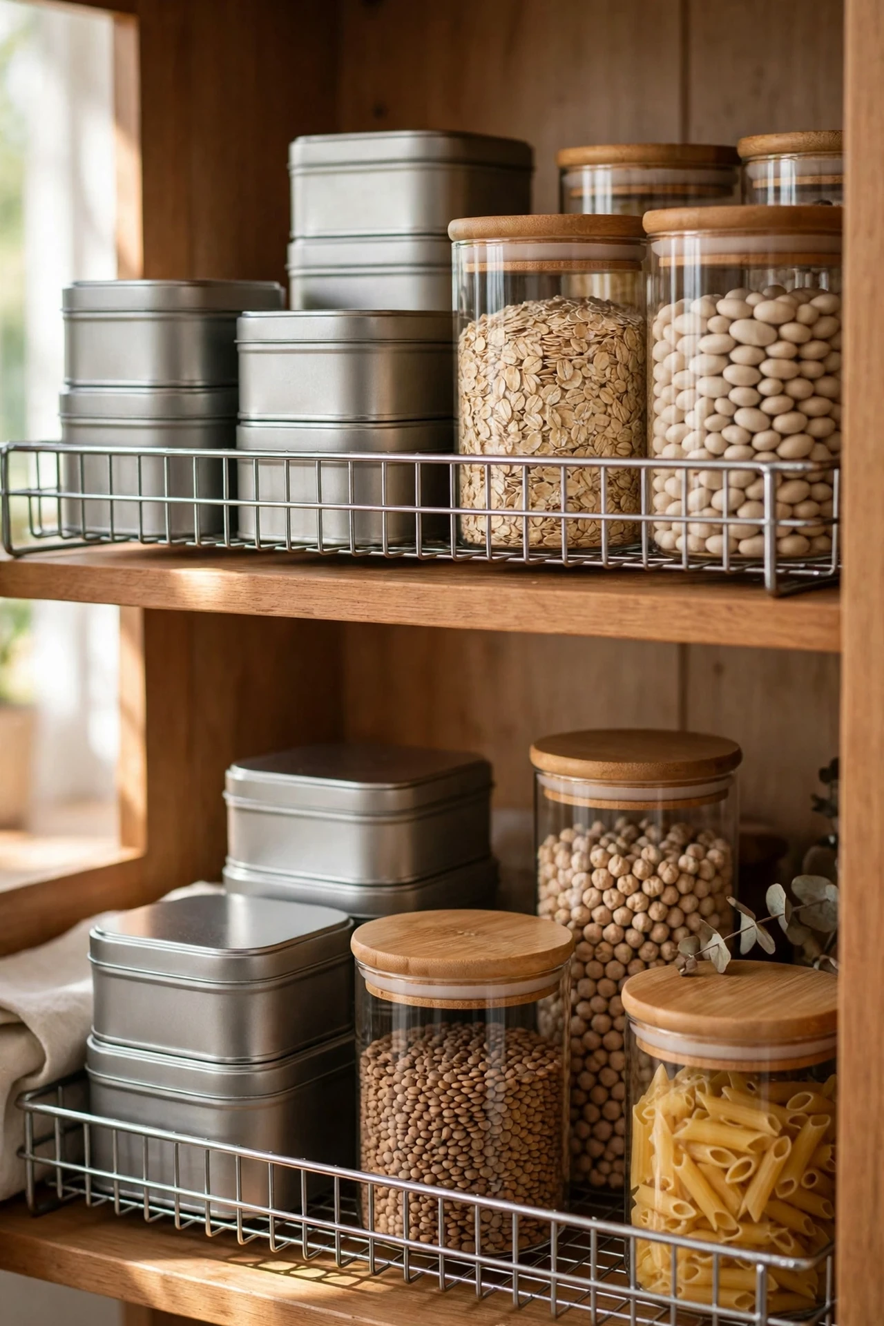 Wire shelf risers doubling storage for tinned goods