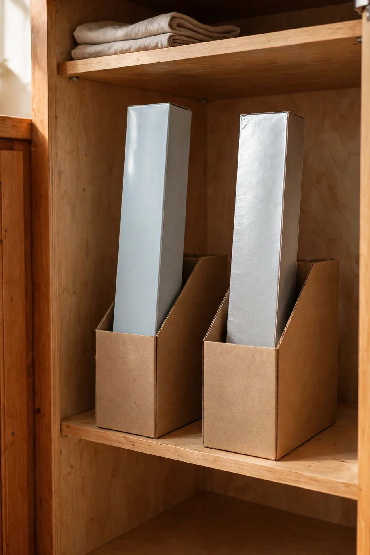 Magazine holders storing cling film and foil boxes upright
