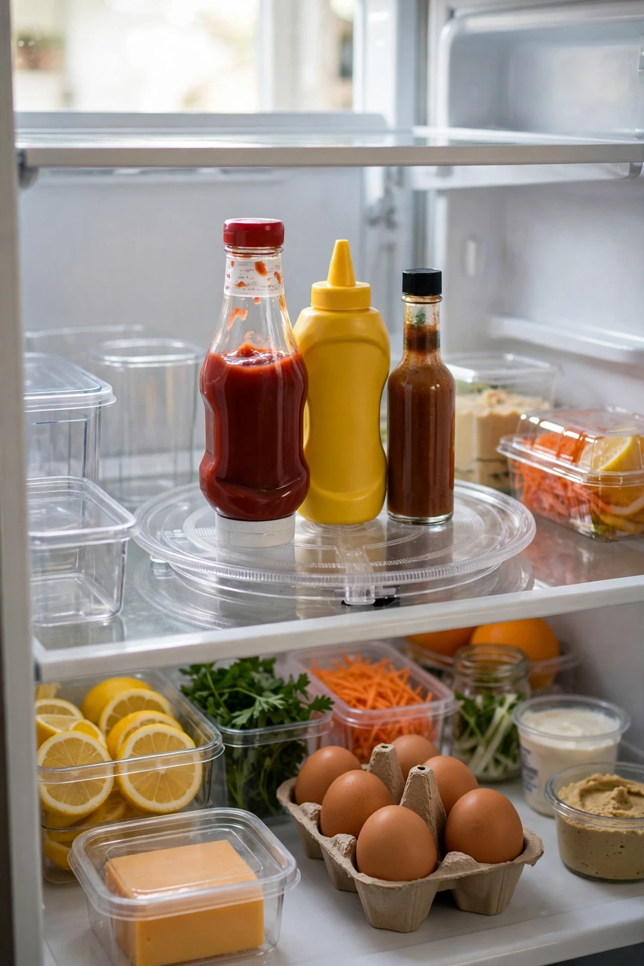 Condiment bottles on a mini turntable in a fridge