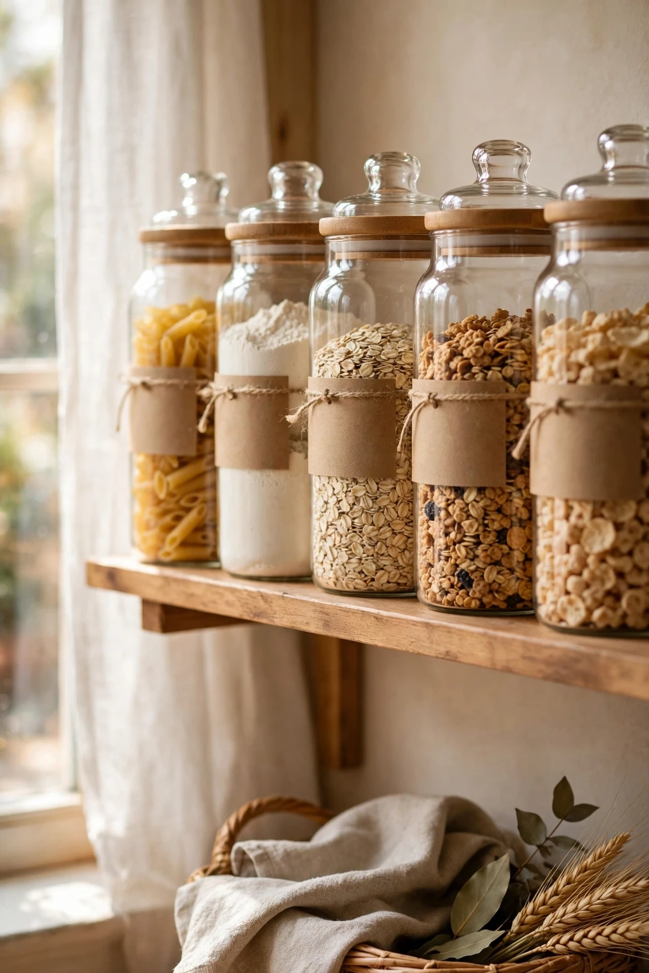 Matching labelled glass jars of dry goods on pantry shelf