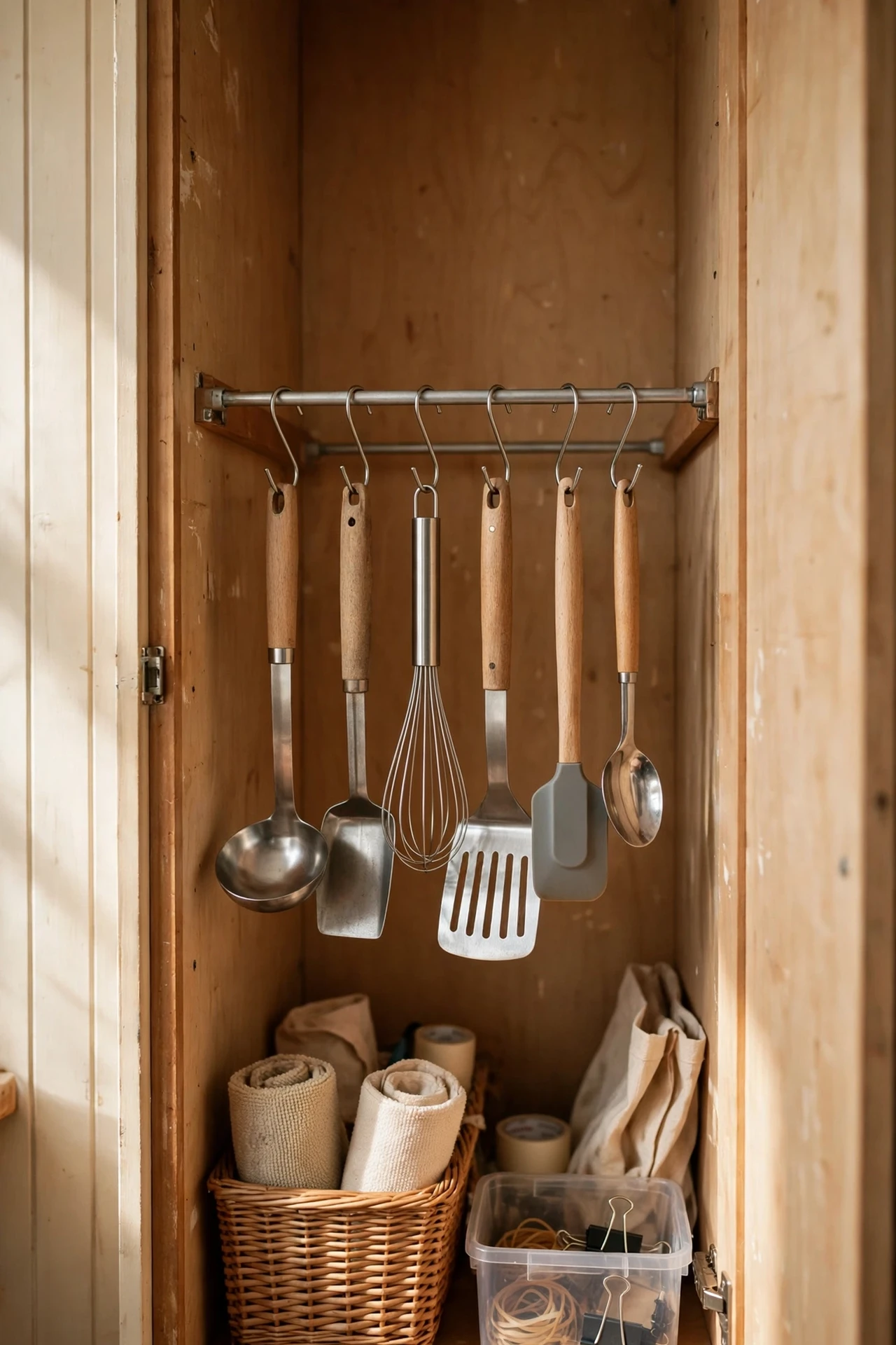 Kitchen utensils hanging from S-hooks on a tension rod