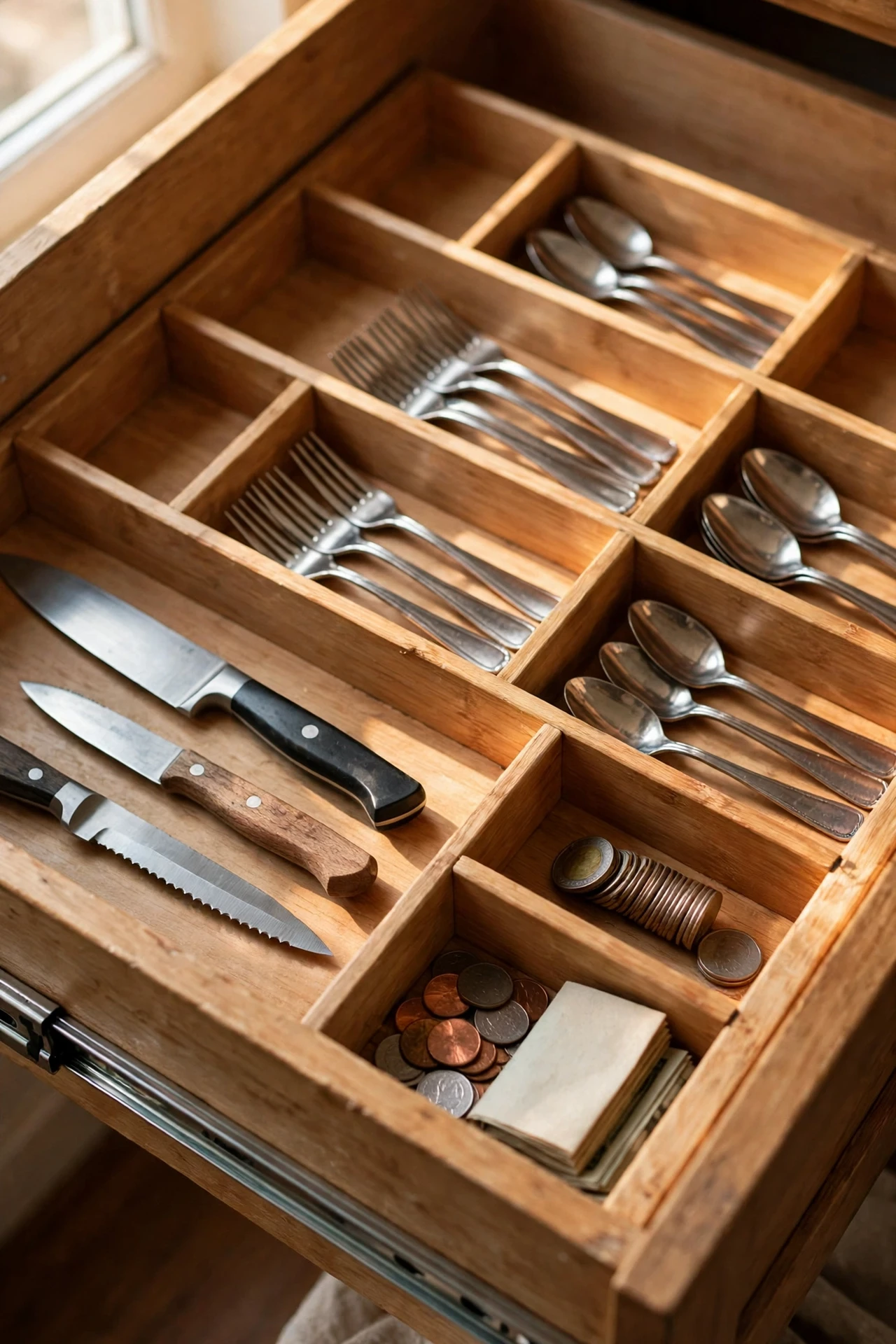 Kitchen drawer with custom dividers organising cutlery