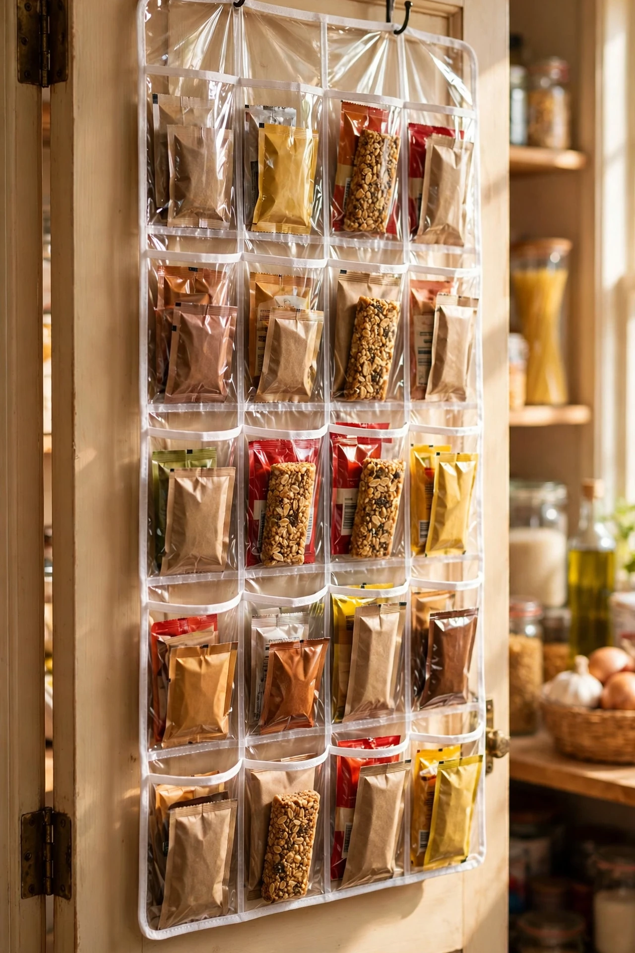 Clear shoe organiser on pantry door holding spice packets