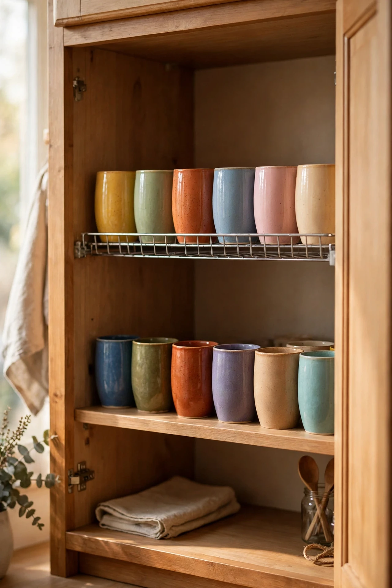 Wire shelf insert doubling mug storage in a cupboard