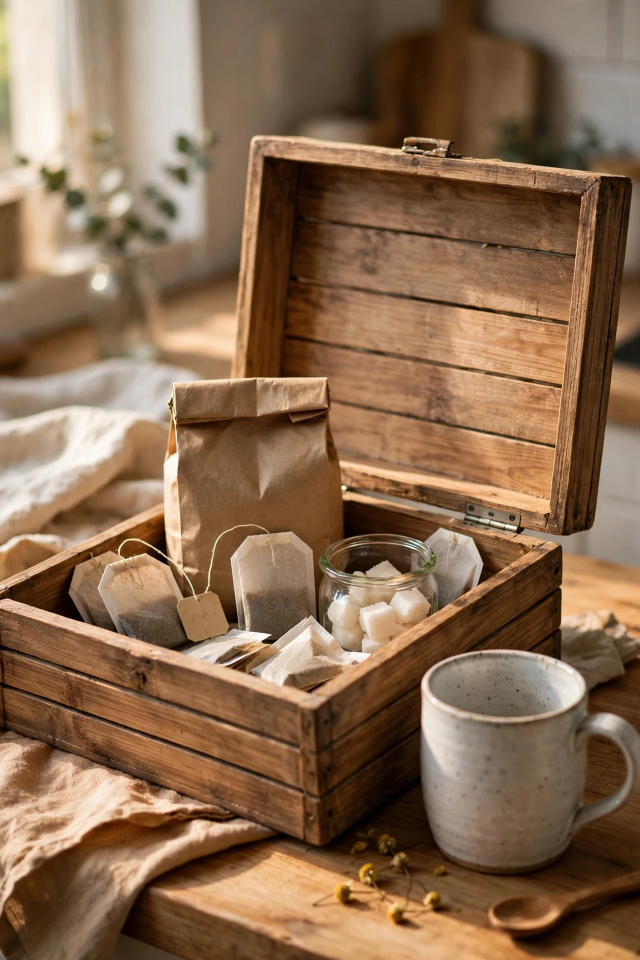 Bread box styled as a coffee and tea station