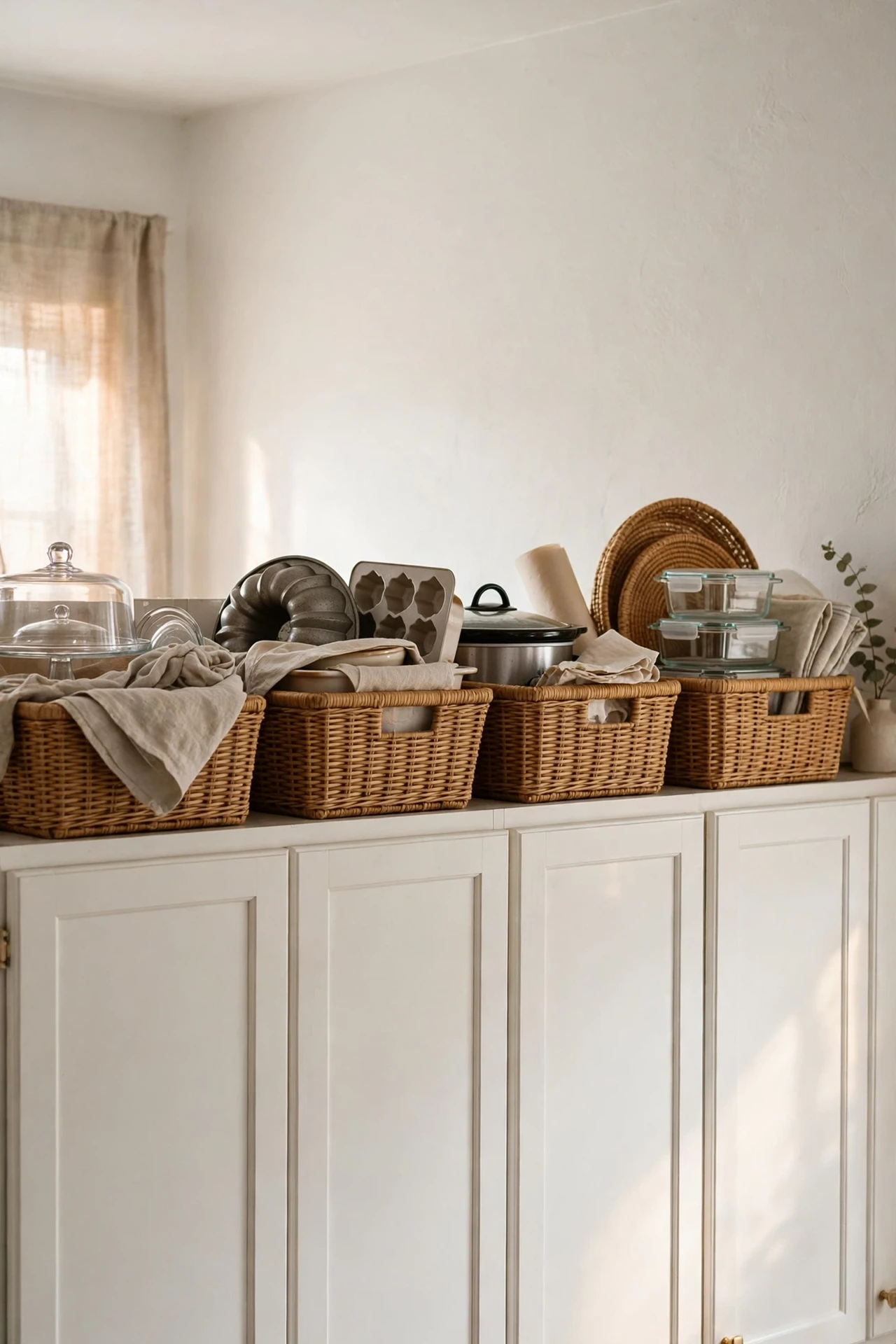 Baskets lined up on top of kitchen wall cabinets