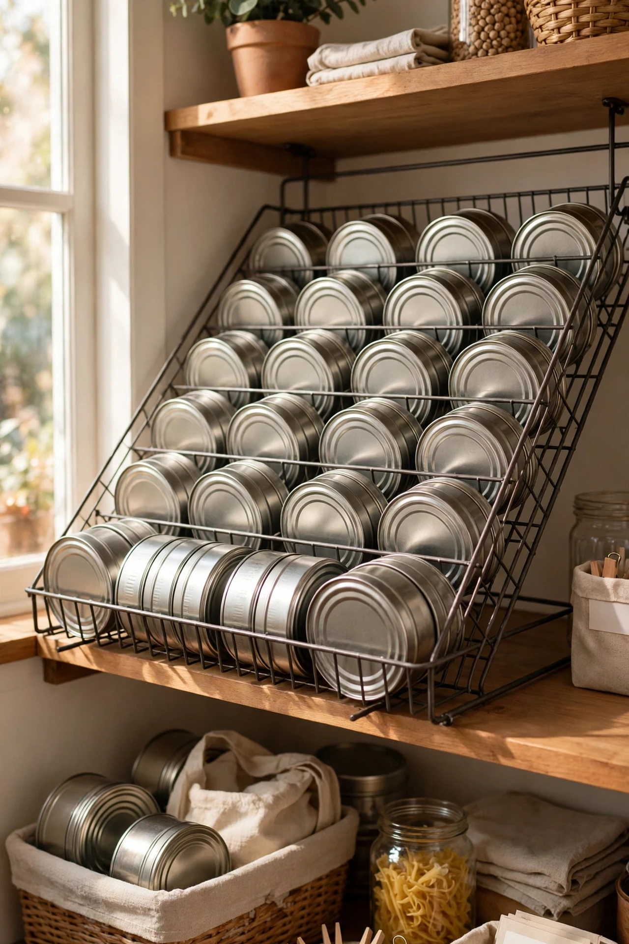 Wire can dispenser rack organising tins in a pantry