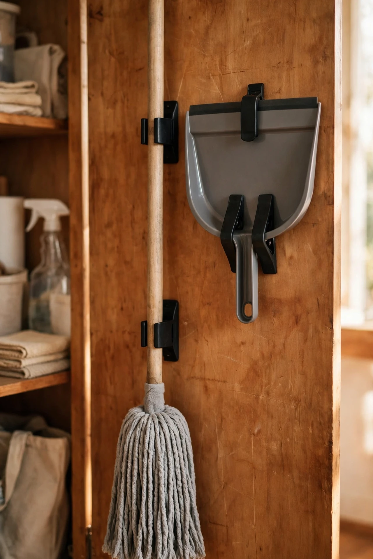 Mop and dustpan clipped inside a tall cupboard door