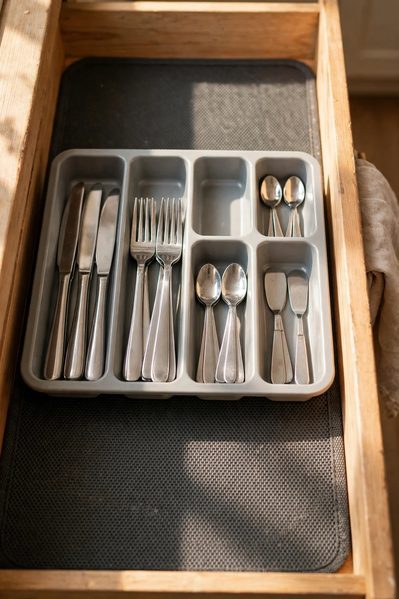 Kitchen drawer lined with non-slip liner under cutlery tray