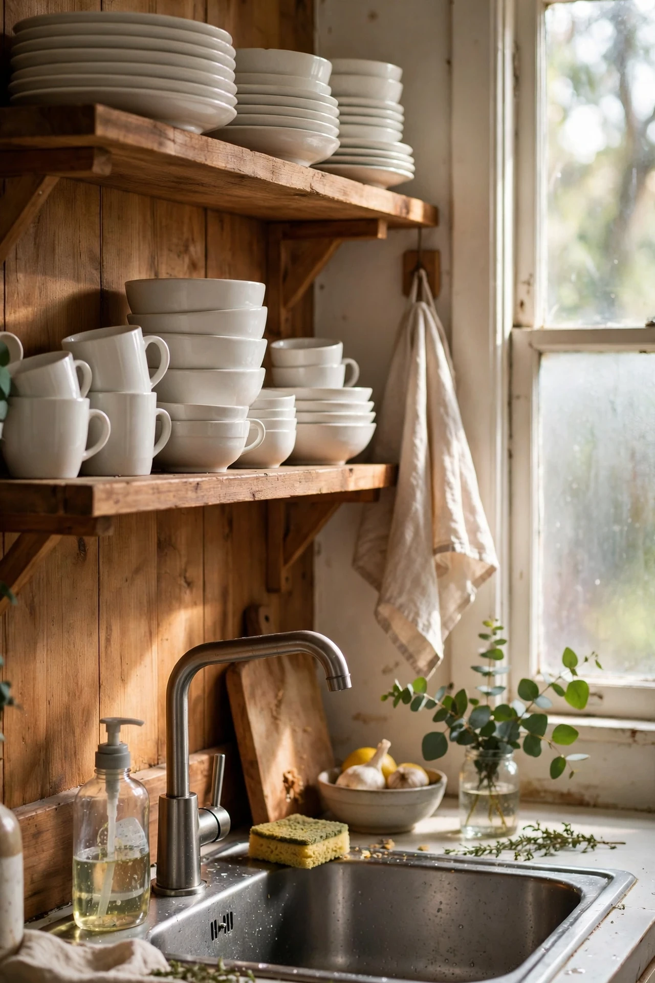 White everyday dishes stacked on open kitchen shelves