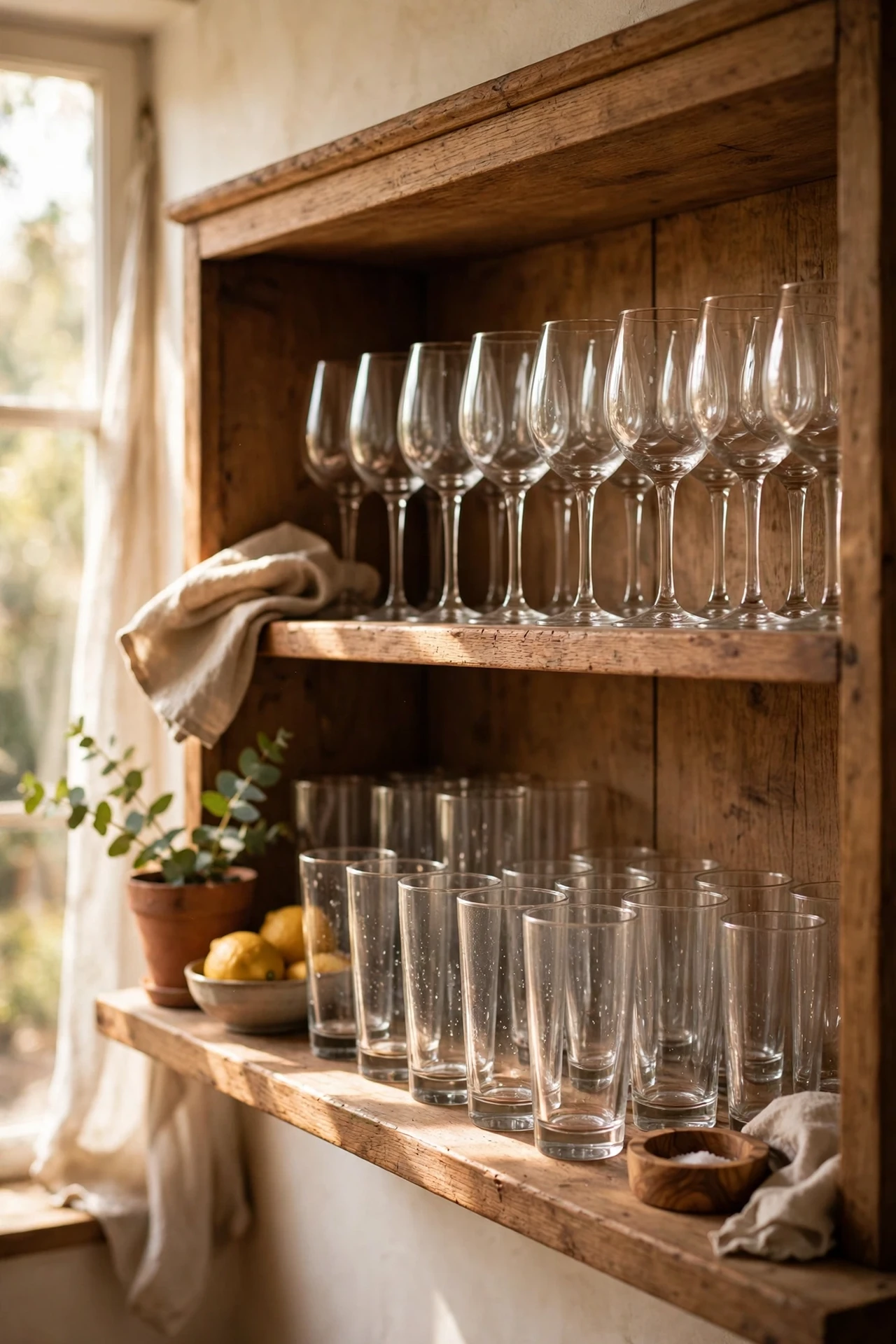 Glasses lined in rows on an open kitchen shelf