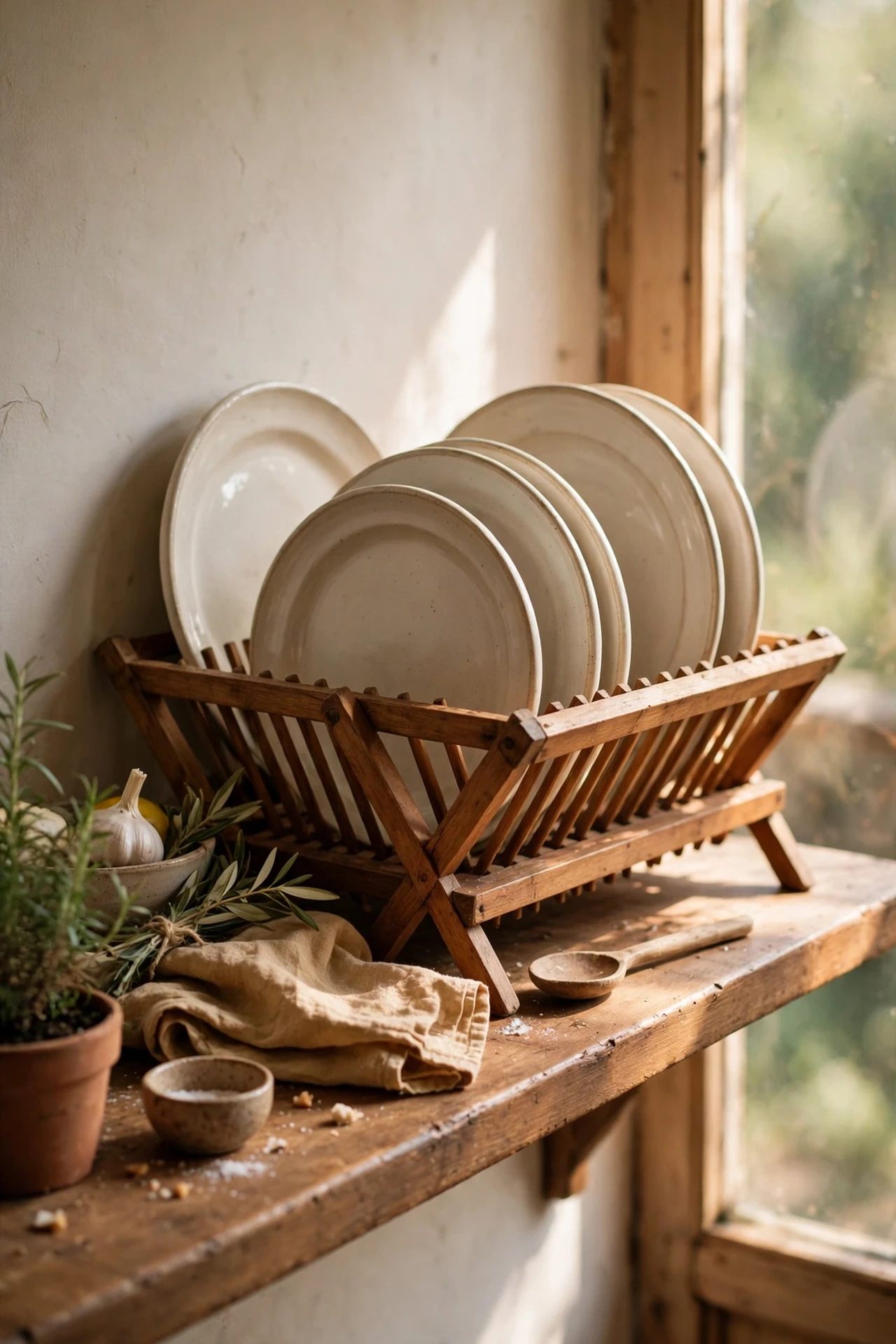 Wooden dish rack holding plates on a shelf