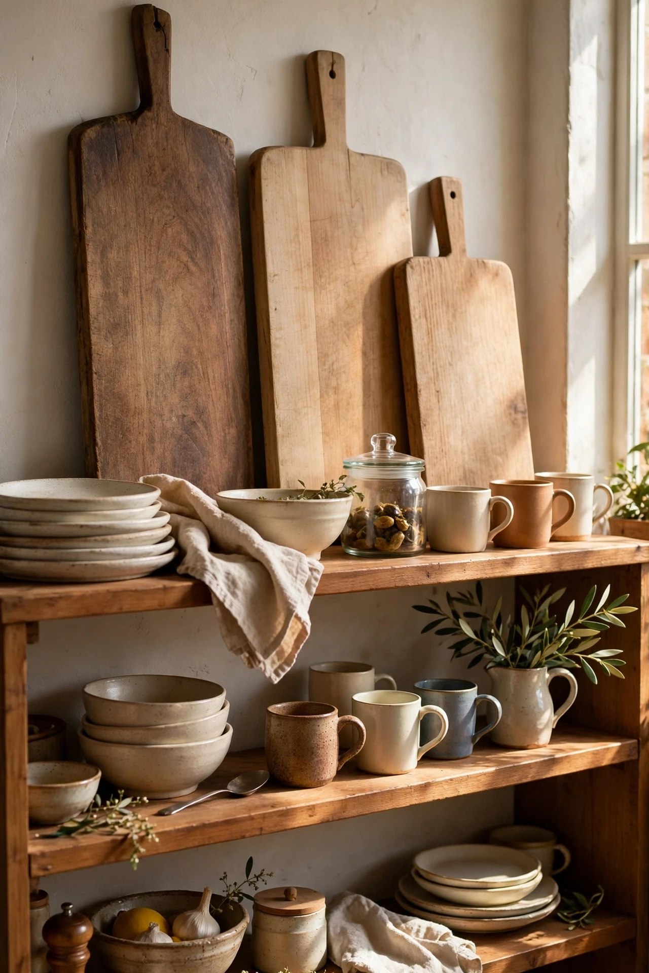 Wooden cutting boards leaning upright on shelf