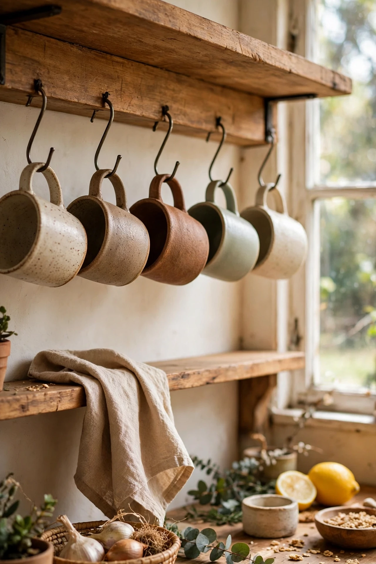 Mugs hanging from hooks under an open shelf